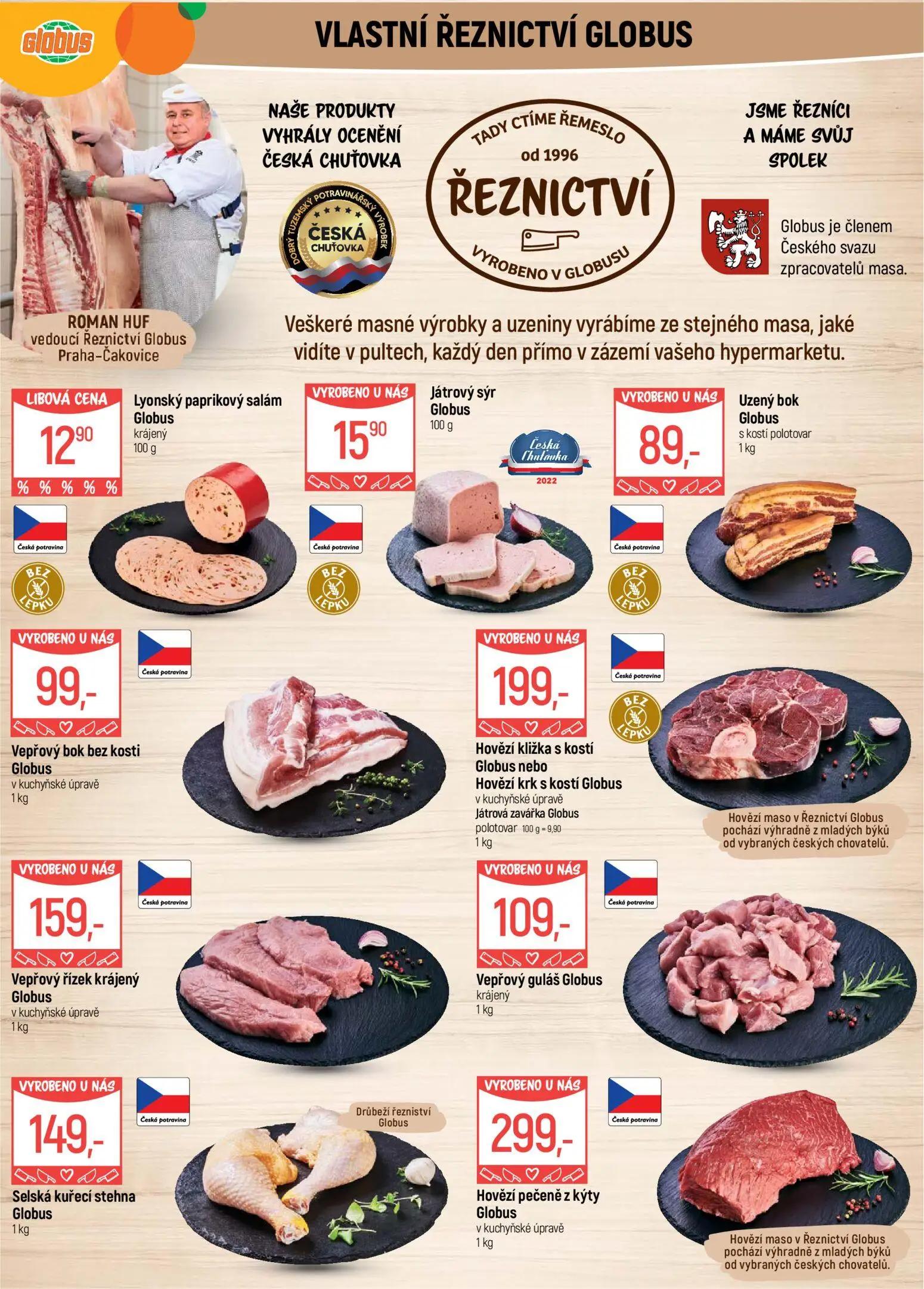 GLOBUS leták, strana 10 z 43 — Lyonský paprikový salám Globus krájený, Játrový sýr Globus, Uzený bok Globus s kostí polotovar