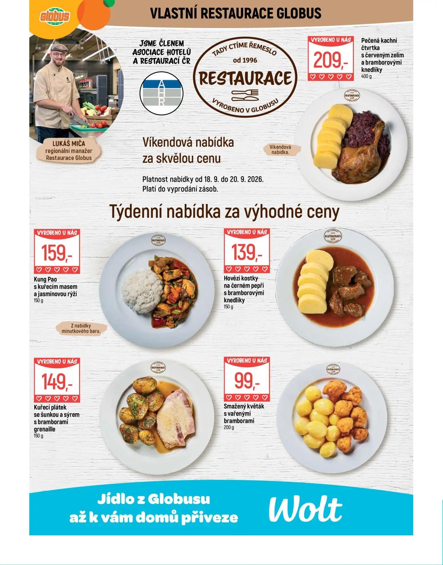 GLOBUS leták, strana 12 z 43 — Pečená kachní čtvrtka s červeným zelím a bramborovými knedlíky, Kung Pao s kuřecím masem a ja…