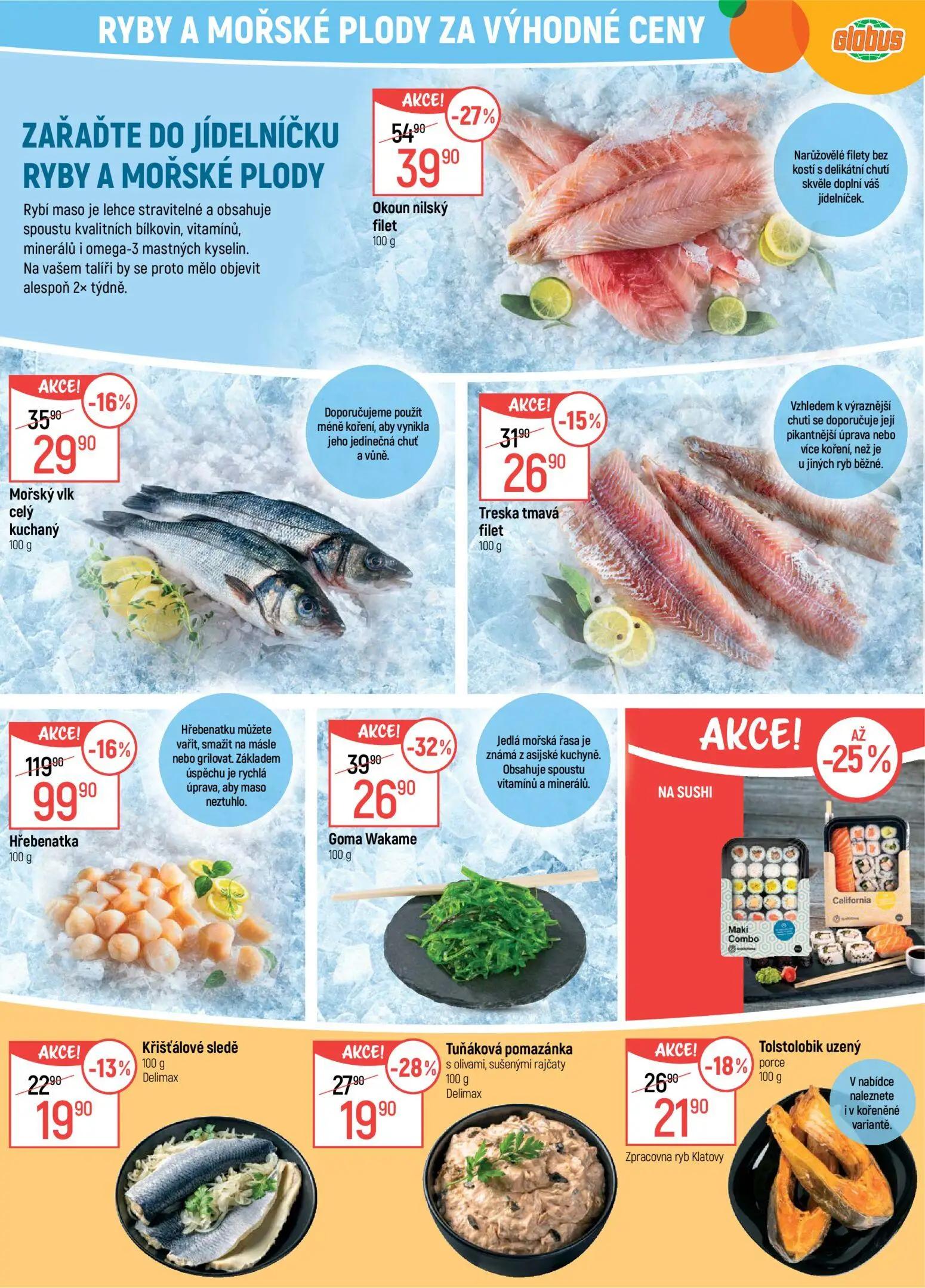 GLOBUS leták, strana 15 z 43 — Hřebenatka, Okoun nilský filet, Goma Wakame