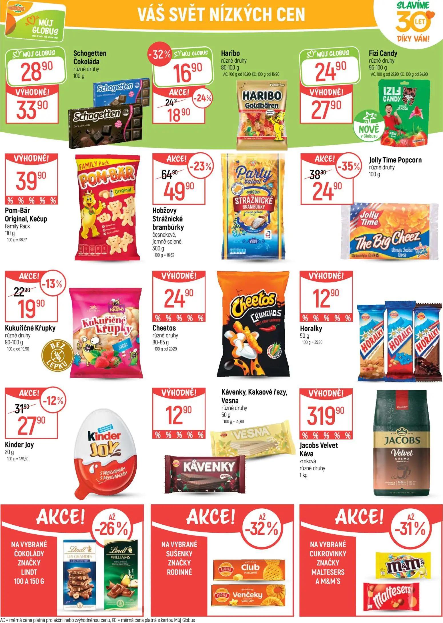 GLOBUS leták, strana 25 z 43 — Hobžovy Strážnické brambůrky česnekové, jemně solené, Jolly Time Popcorn, Haribo