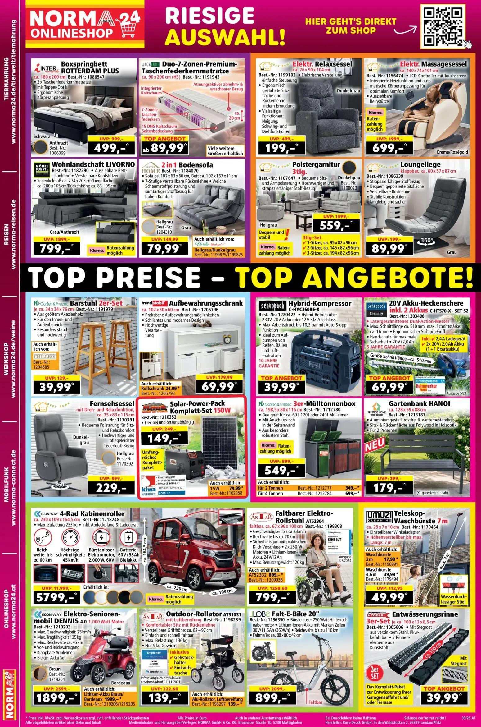 Norma Prospekt, Seite 2 von 2 — 4-Rad Kabinenroller, Elektr. Massagesessel, Falt-E-Bike 20"