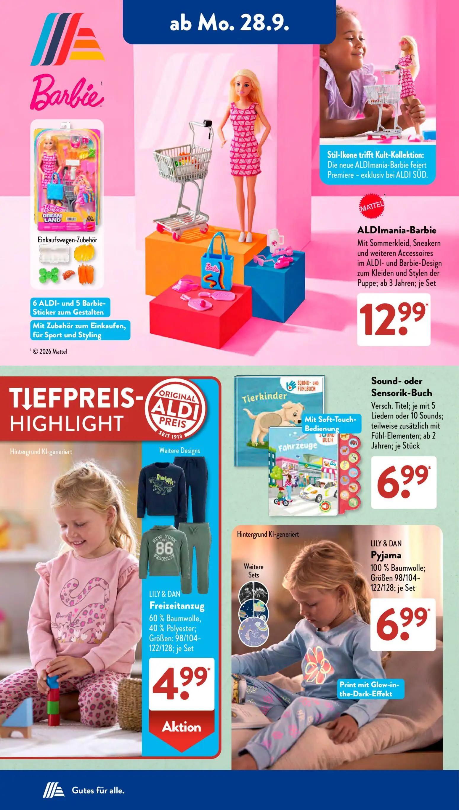 Aldi Süd Prospekt, Seite 2 von 23 — ALDImania-Barbie, Sound- oder Sensorik-Buch, LILY & DAN Freizeitanzug