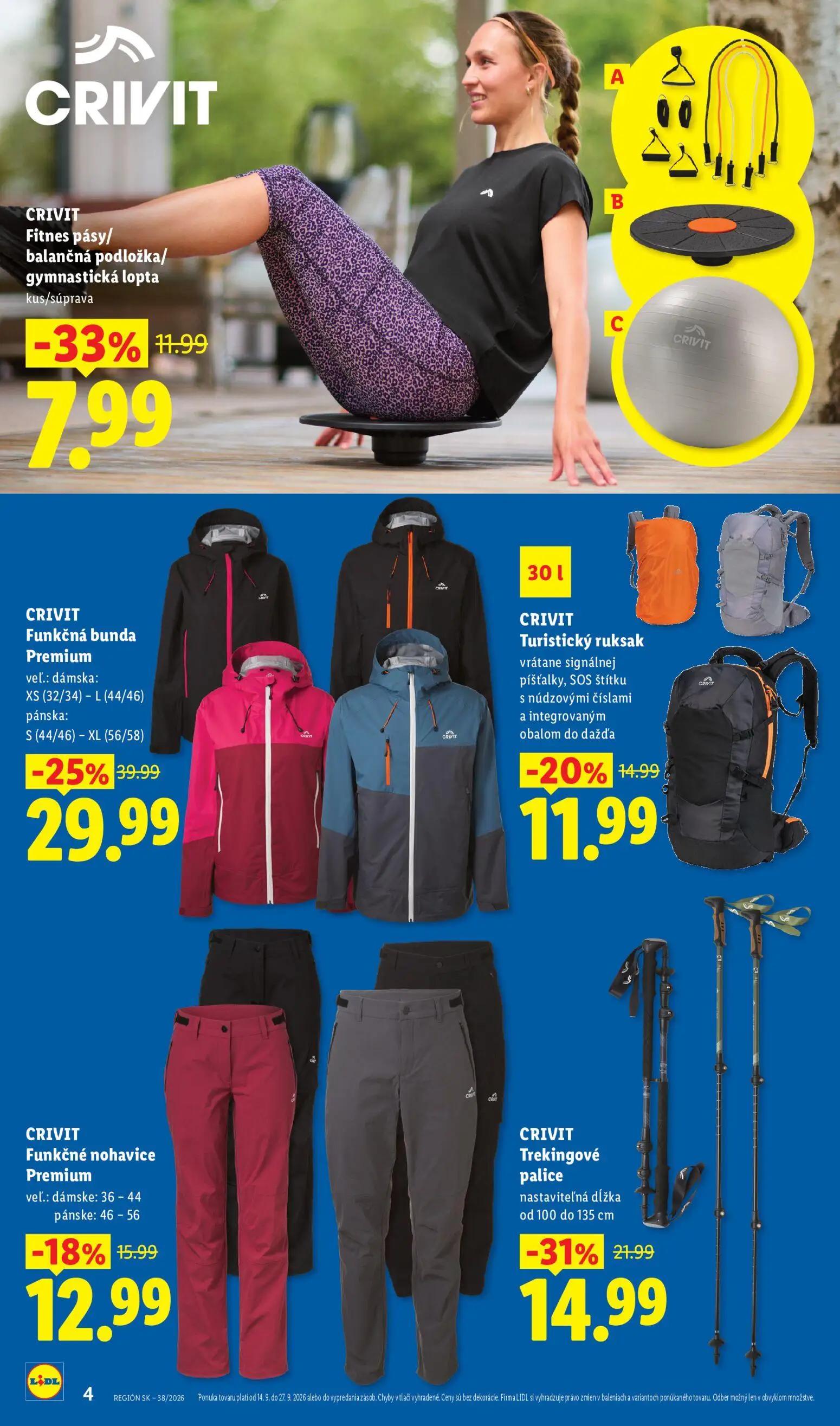 Lidl leták, strana 4 z 8 — Funkčná bunda Premium, Trekingové palice, Fitnes pásy/ balančná podložka/ gymnastická lopta