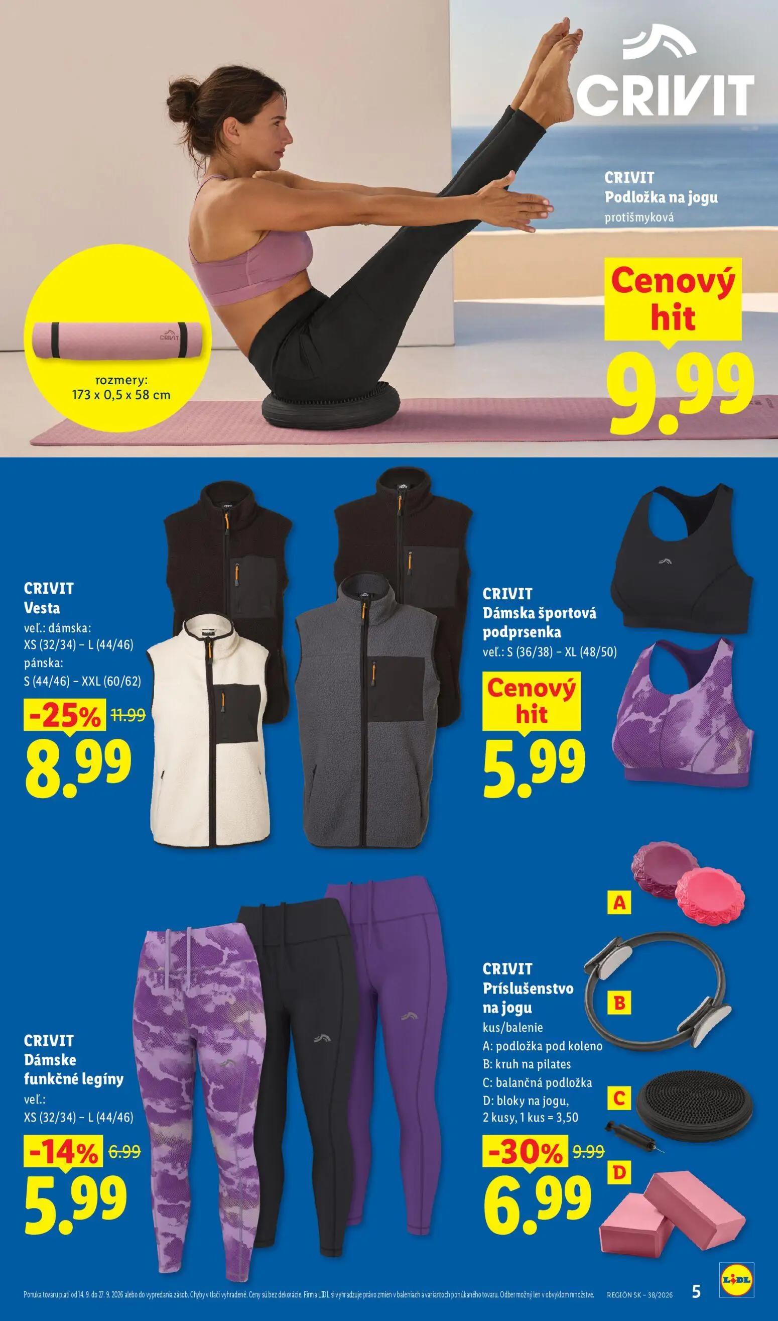 Lidl leták, strana 5 z 8 — CRIVIT Vesta, CRIVIT Príslušenstvo na jogu, CRIVIT Dámske funkčné legíny