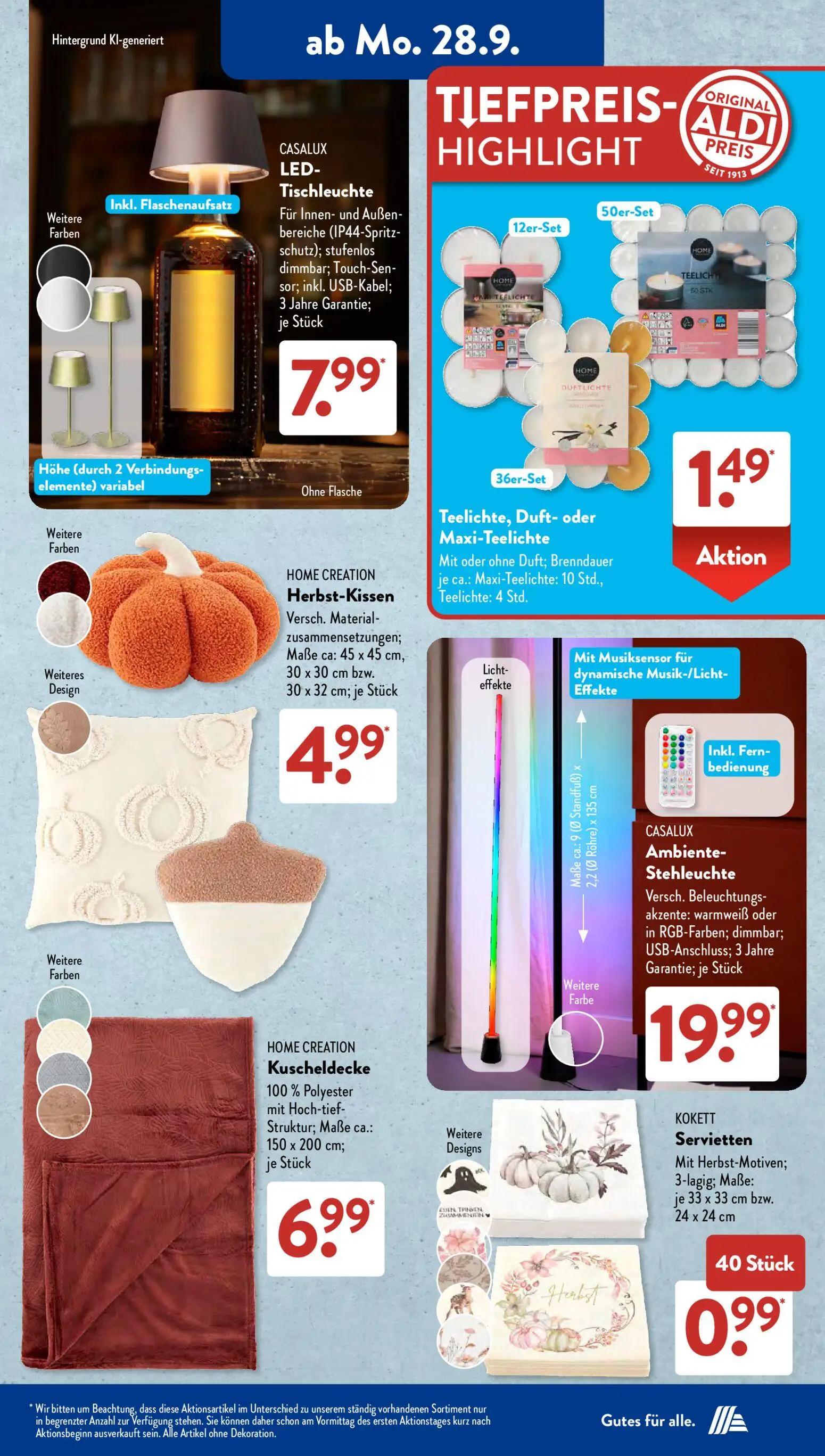 Aldi Süd Prospekt, Seite 5 von 23 — CASALUX LED-Tischleuchte, Teelichte, Duft- oder Maxi-Teelichte, HOME CREATION Herbst-Kis…