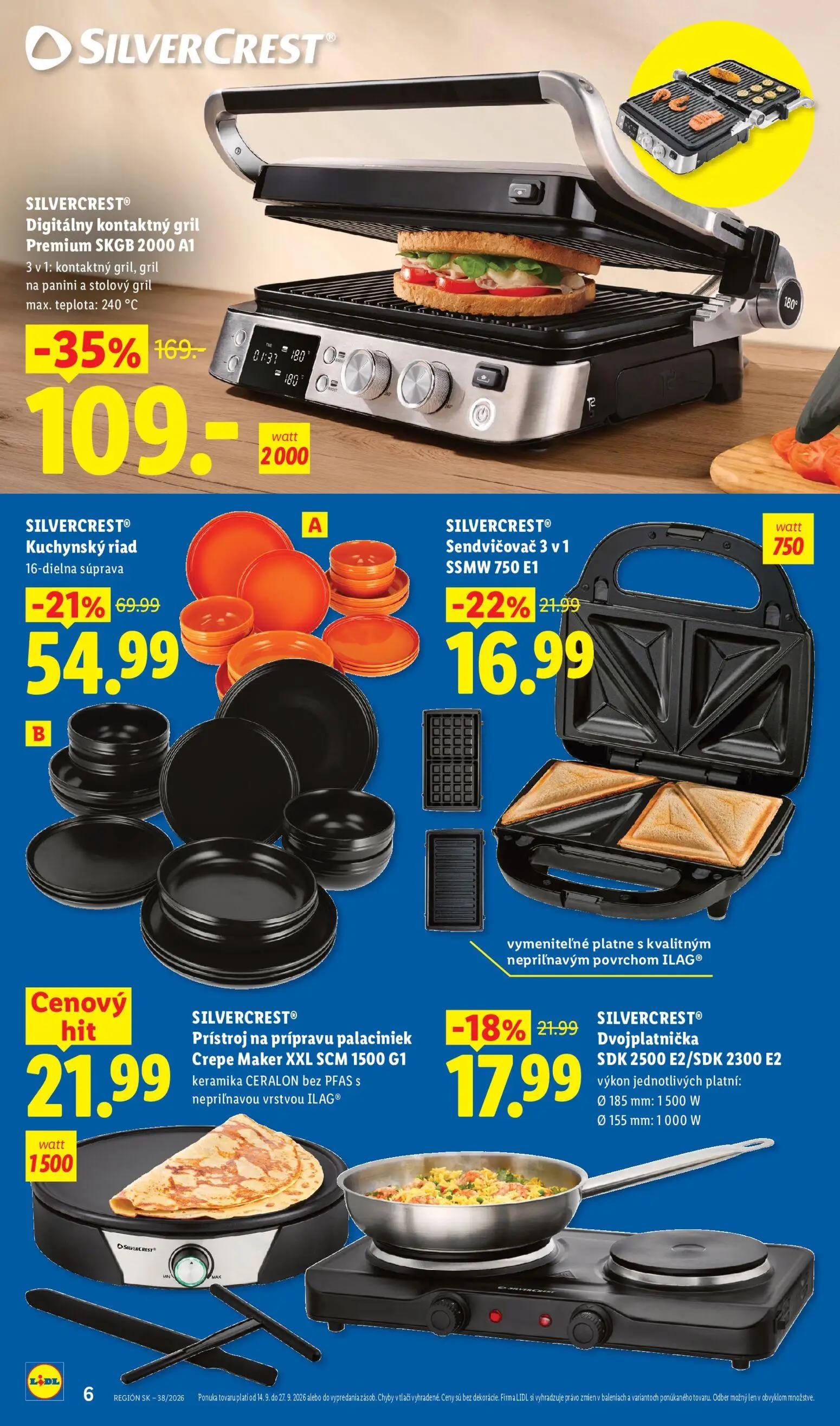 Lidl leták, strana 6 z 8 — Digitálny kontaktný gril Premium SKGB 2000 A1, Kuchynský riad, Sendvičovač 3 v 1 SSMW 750 E1