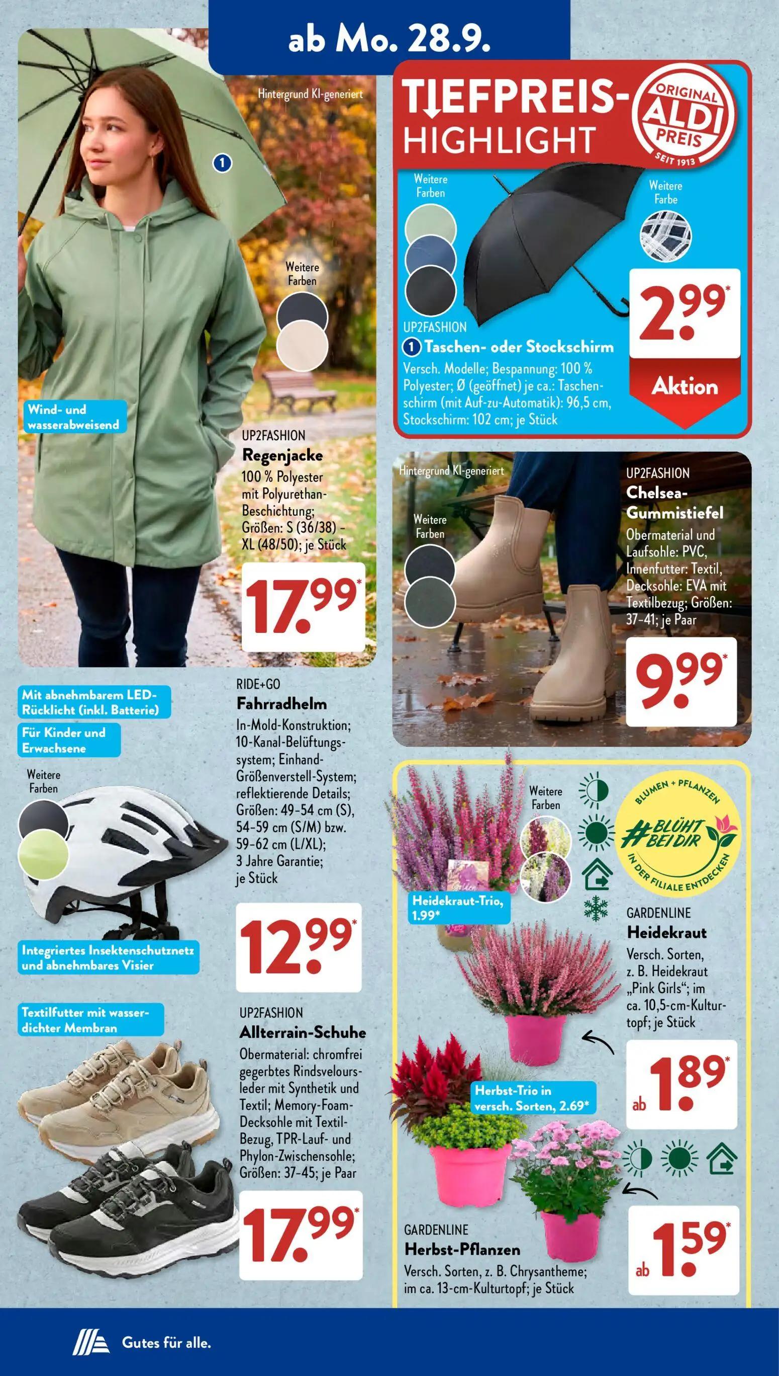 Aldi Süd Prospekt, Seite 6 von 23 — Taschen- oder Stockschirm, Regenjacke, Chelsea-Gummistiefel