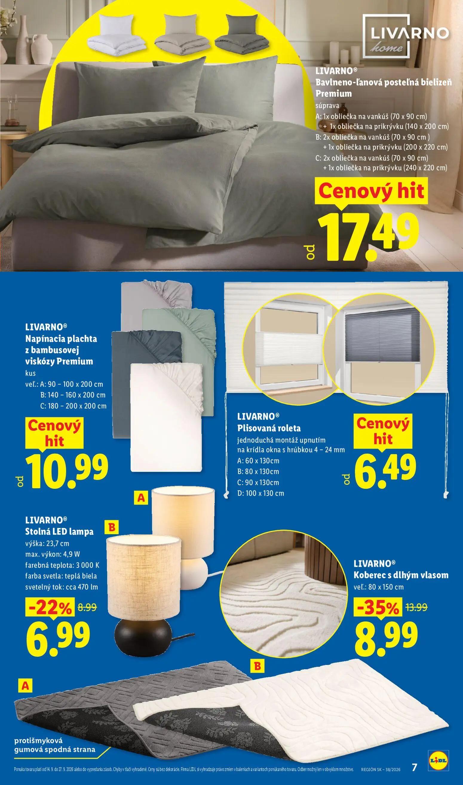 Lidl leták, strana 7 z 8 — Koberec s dlhým vlasom, Stolná LED lampa, Bavlneno-ľanová posteľná bielizeň Premium