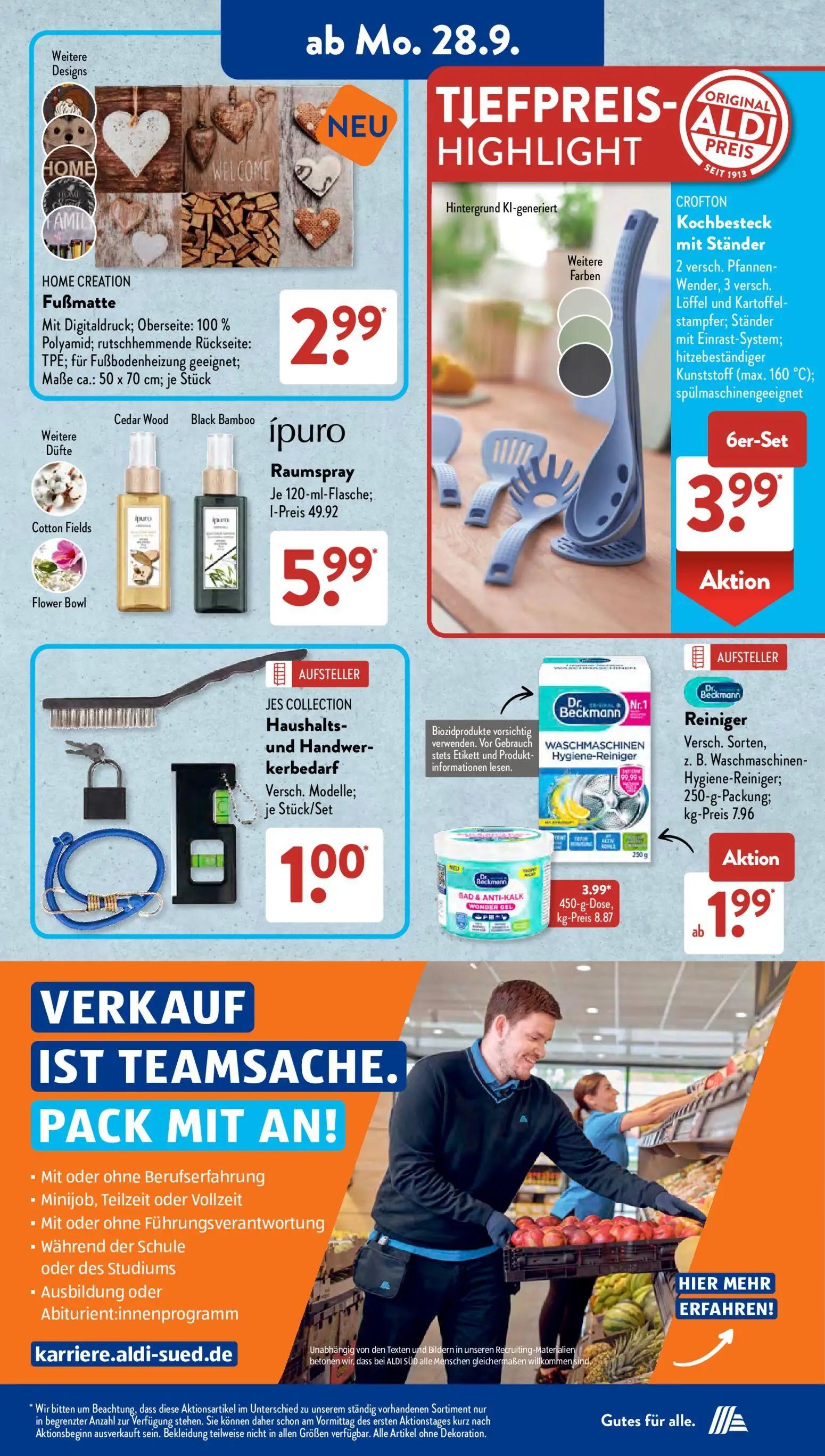 Aldi Süd Prospekt, Seite 7 von 23 — Fußmatte, Kochbesteck mit Ständer, Raumspray