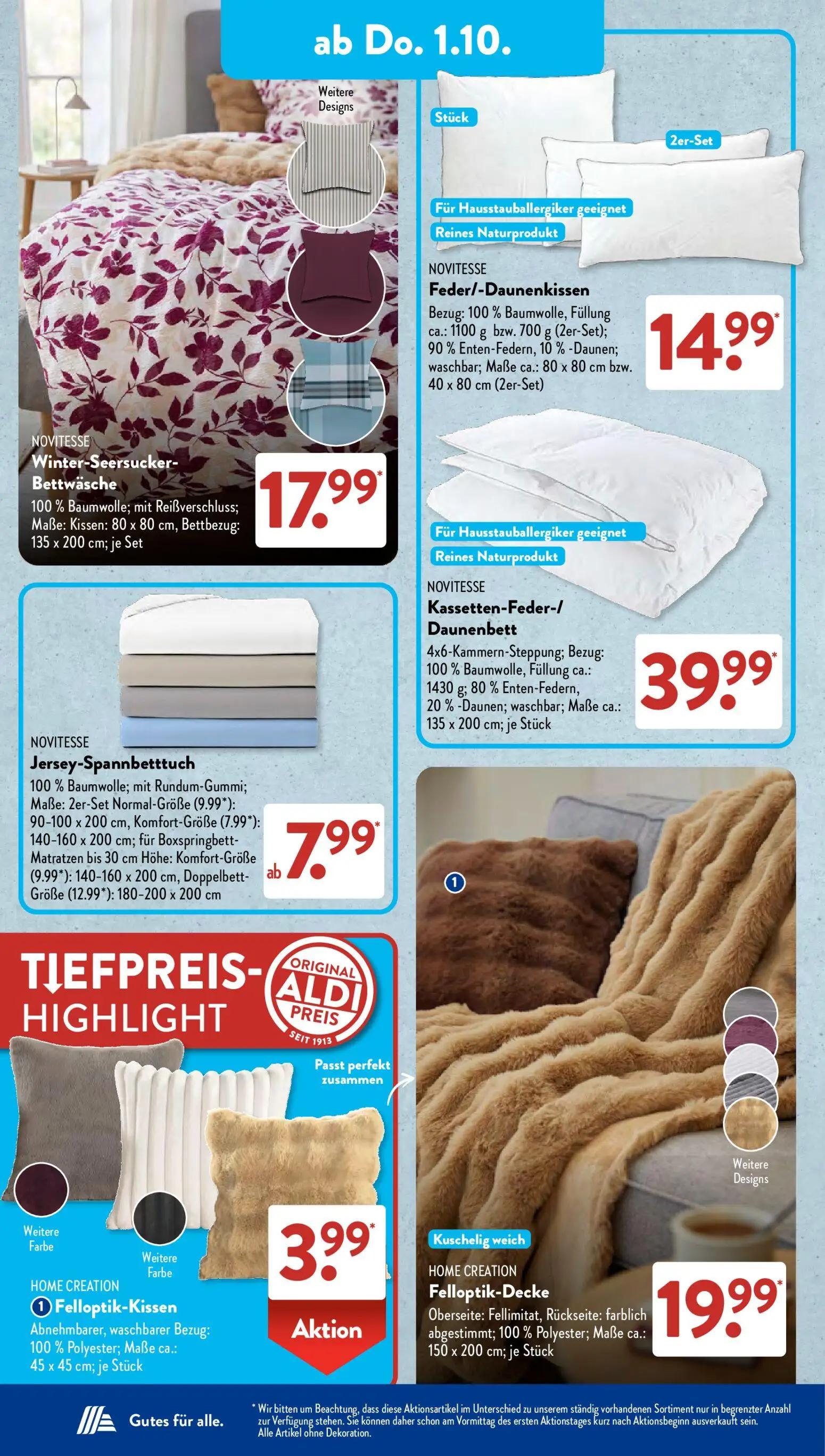 Aldi Süd Prospekt, Seite 10 von 23 — Winter-Seersucker-Bettwäsche, Feder/-Daunenkissen, Jersey-Spannbetttuch