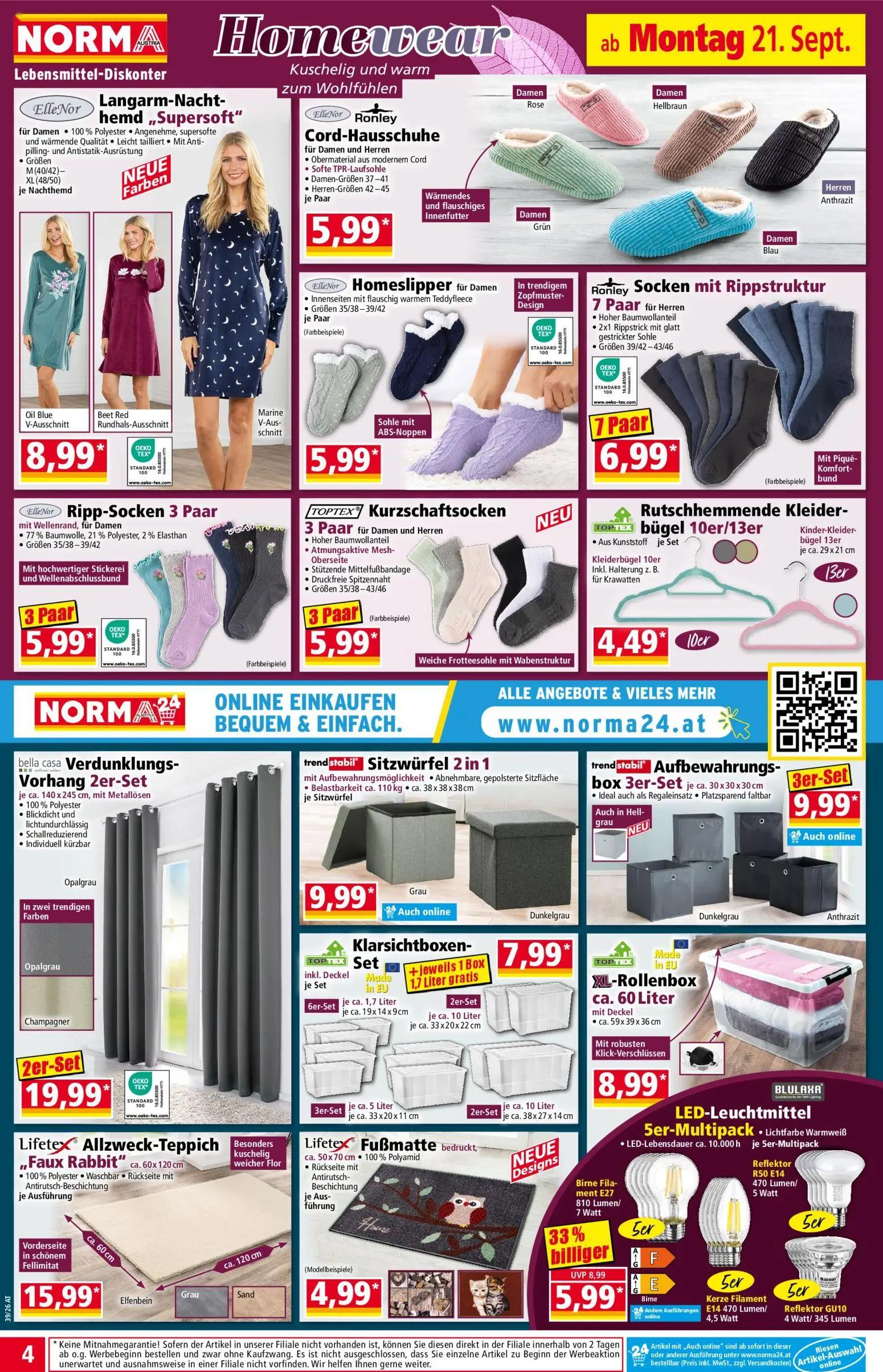 Norma Prospekt, Seite 4 von 18 — LED-Leuchtmittel 5er-Multipack, Langarm-Nachthemd „Supersoft", Cord-Hausschuhe für Damen un…
