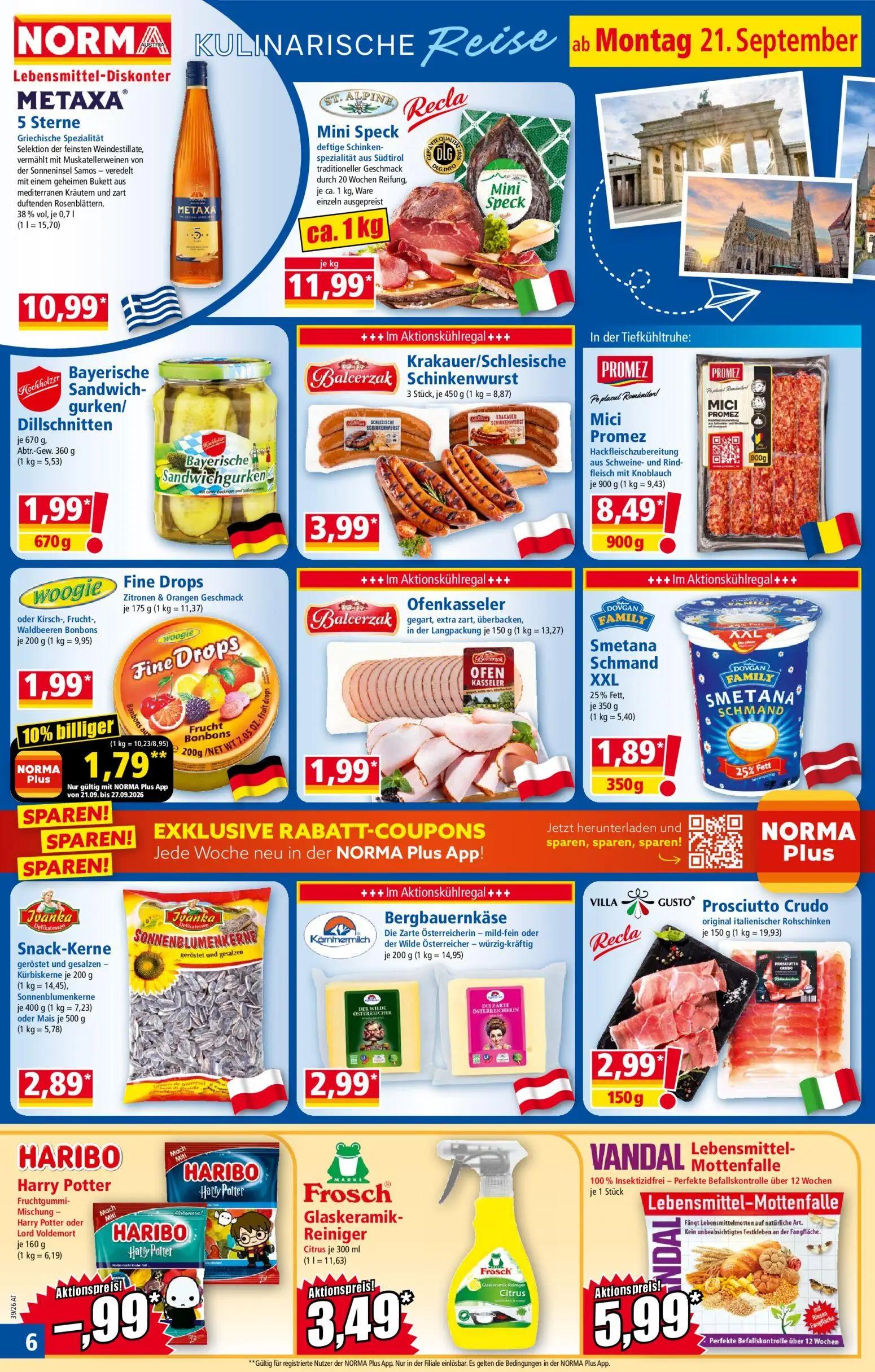 Norma Prospekt, Seite 6 von 18 — Fine Drops Zitronen & Orangen Geschmack, METAXA 5 Sterne, Mini Speck