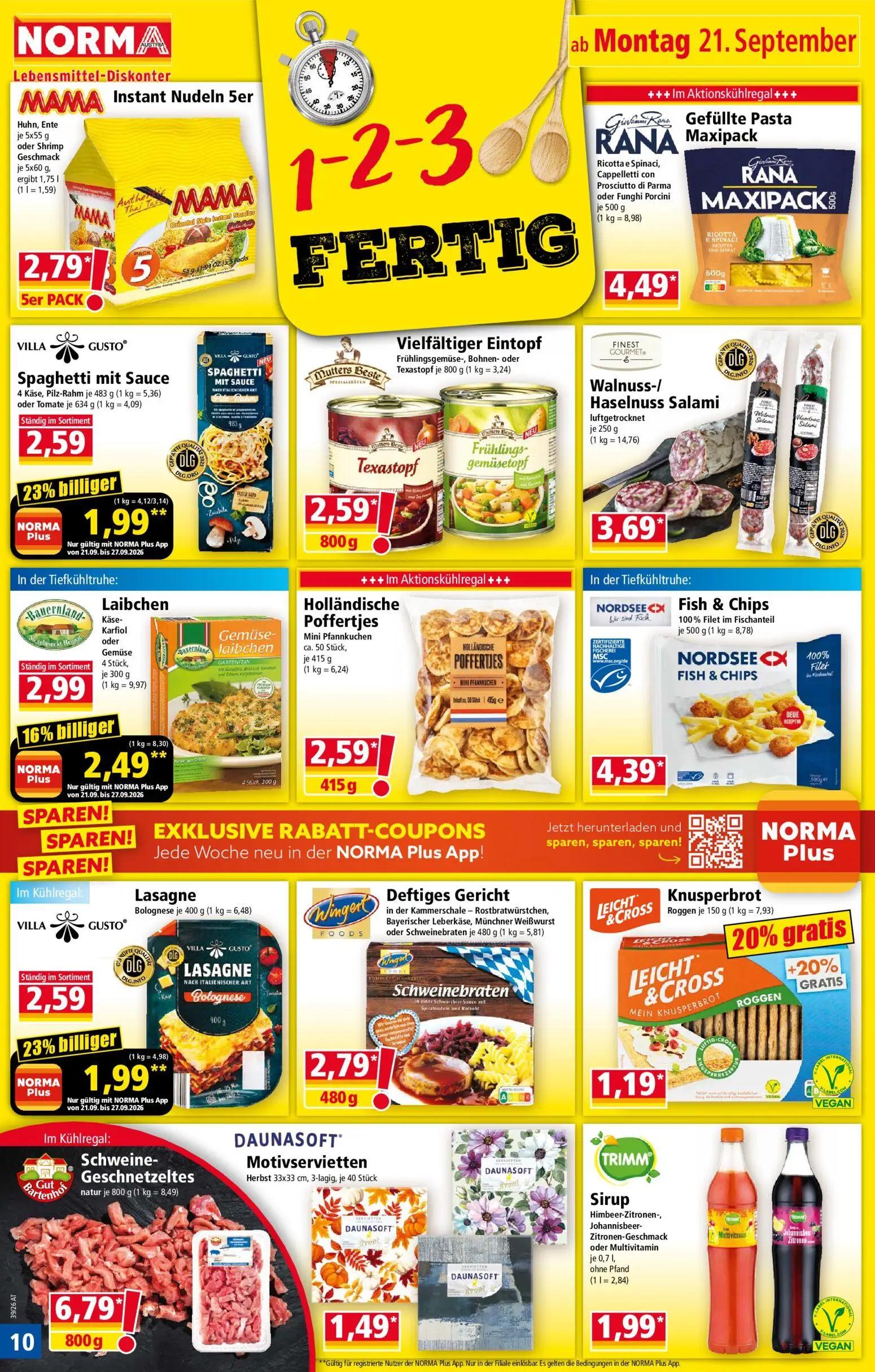 Norma Prospekt, Seite 10 von 18 — Spaghetti mit Sauce 4 Käse, Pilz-Rahm oder Tomate, Lasagne Bolognese, Laibchen Käse-Karfio…