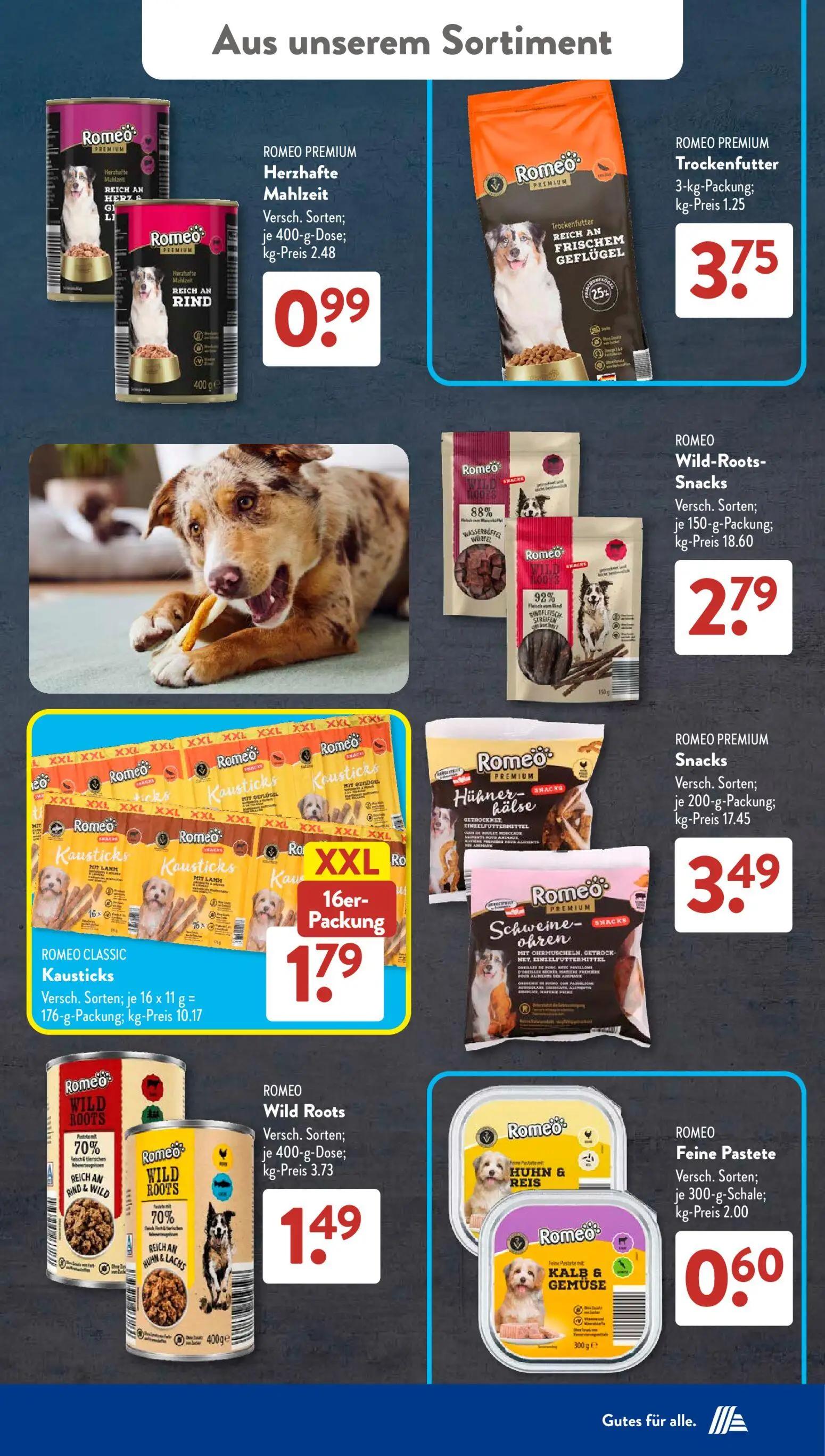 Aldi Süd Prospekt, Seite 20 von 23 — ROMEO PREMIUM Herzhafte Mahlzeit, ROMEO PREMIUM Trockenfutter, ROMEO Wild-Roots-Snacks