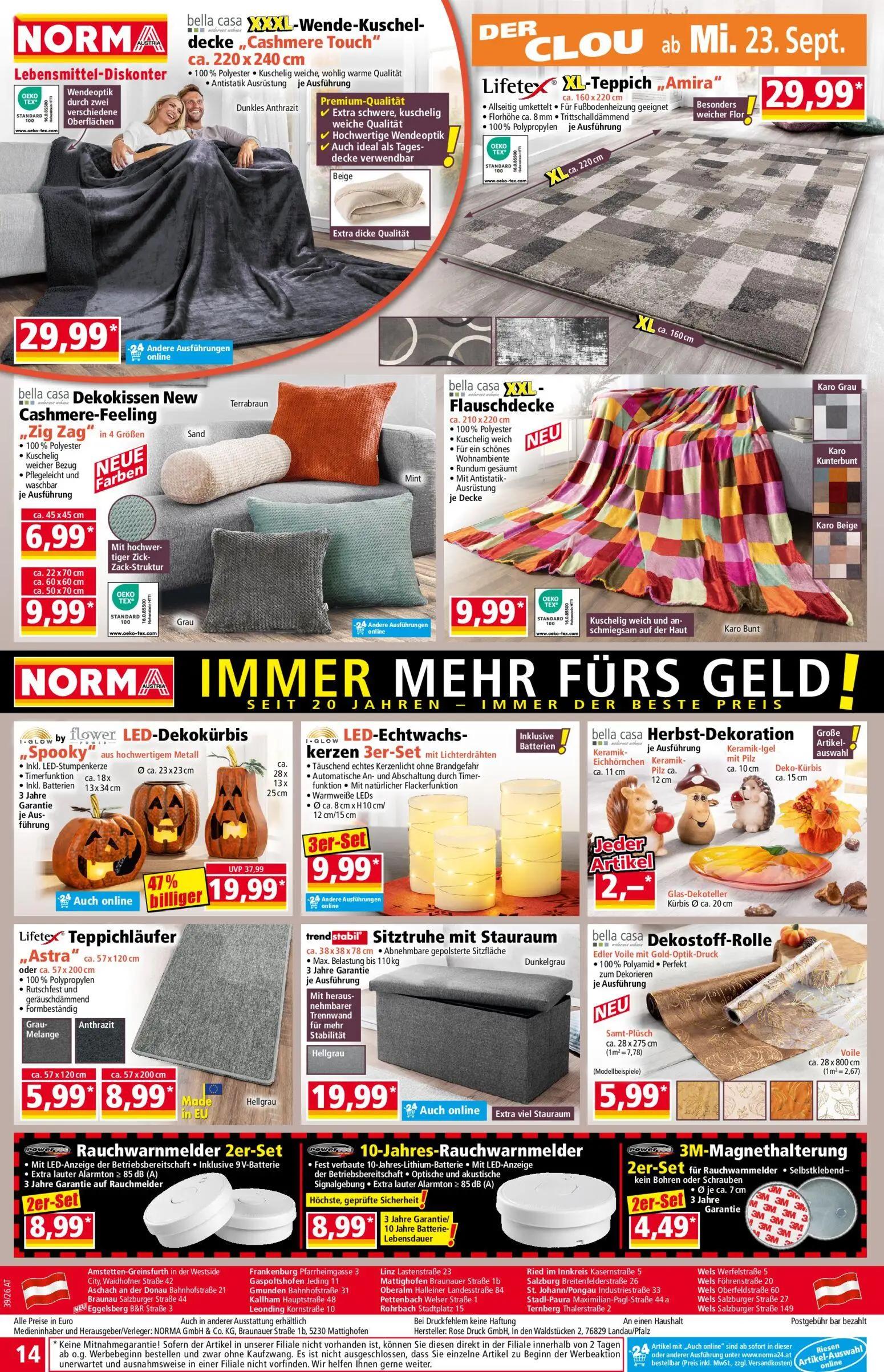 Norma Prospekt, Seite 14 von 18 — I-GLOW by flower LED-Dekokürbis „Spooky", bella casa XXL-Wende-Kuscheldecke „Cashmere Touc…