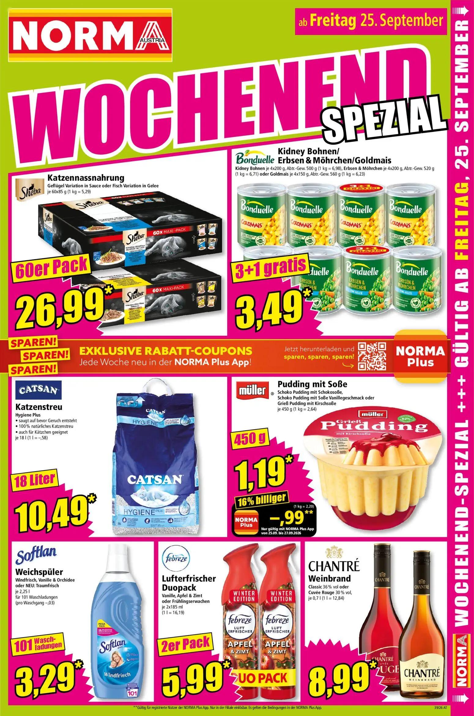 Norma Prospekt, Seite 15 von 18 — Müller Pudding mit Soße Schoko Pudding mit Schokosoße, Schoko Pudding mit Soße Vanillegesc…