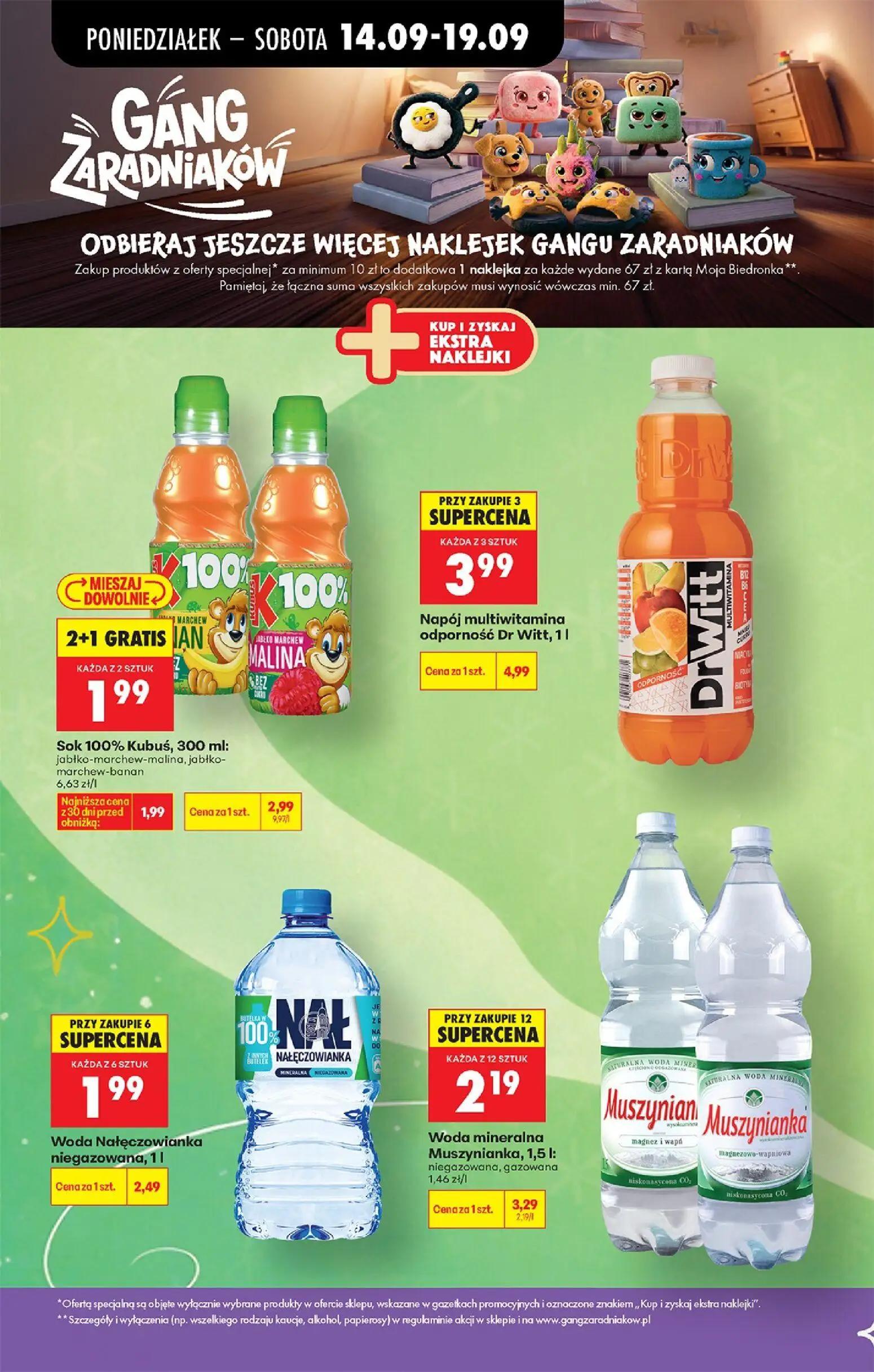 Biedronka gazetka, strona 31 z 99 — Woda mineralna Muszynianka, 1,5 l: niegazowana, gazowana, Sok 100% Kubuś, 300 ml: jabłko…