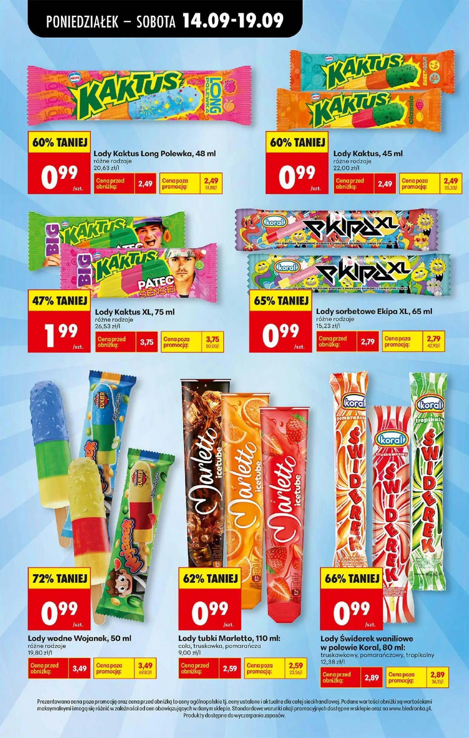 Biedronka gazetka, strona 57 z 99 — Lody wodne Wojanek, Lody Świderek waniliowe w polewie Koral, Lody sorbetowe Ekipa XL