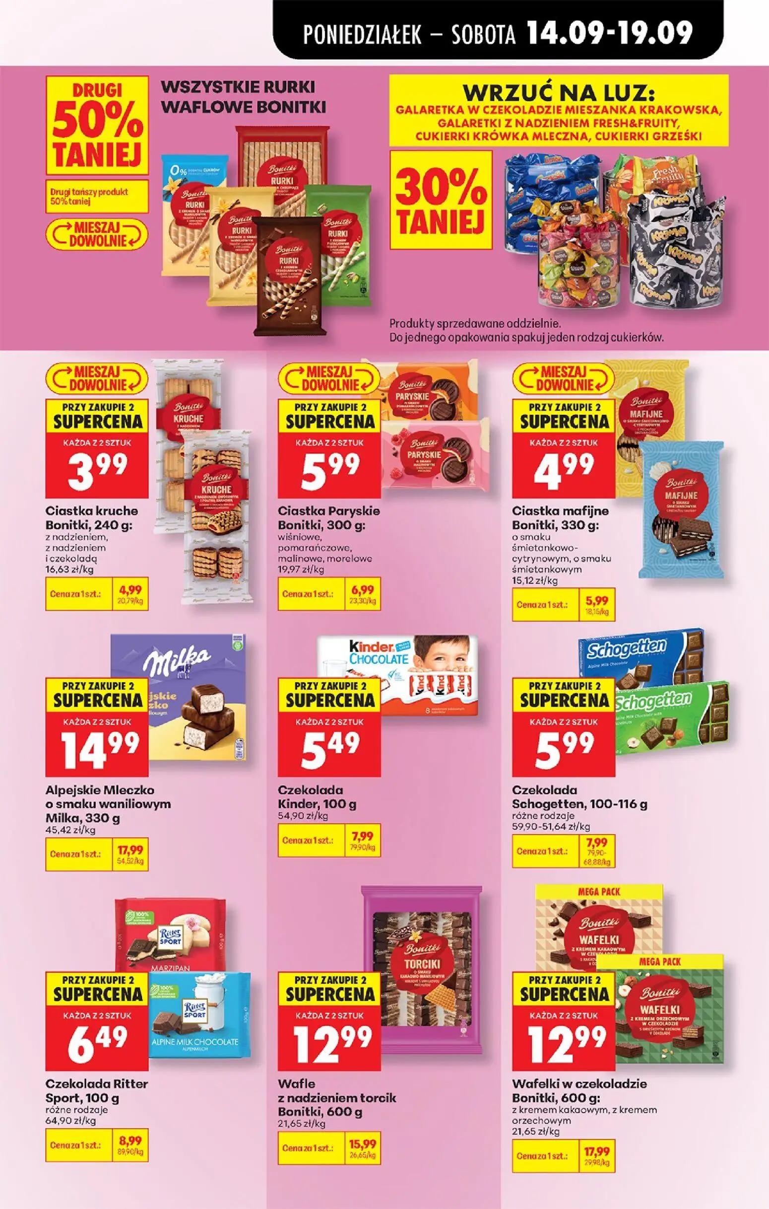 Biedronka gazetka, strona 67 z 99 — Wafelki w czekoladzie Bonitki, Alpejskie Mleczko o smaku waniliowym Milka, Wafle z nadzi…