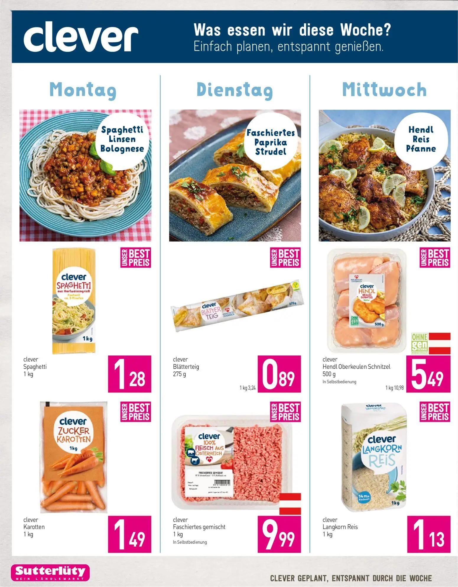 Sutterlüty Prospekt, Seite 4 von 8 — clever Spaghetti, clever Blätterteig, clever Hendl Oberkeulen Schnitzel