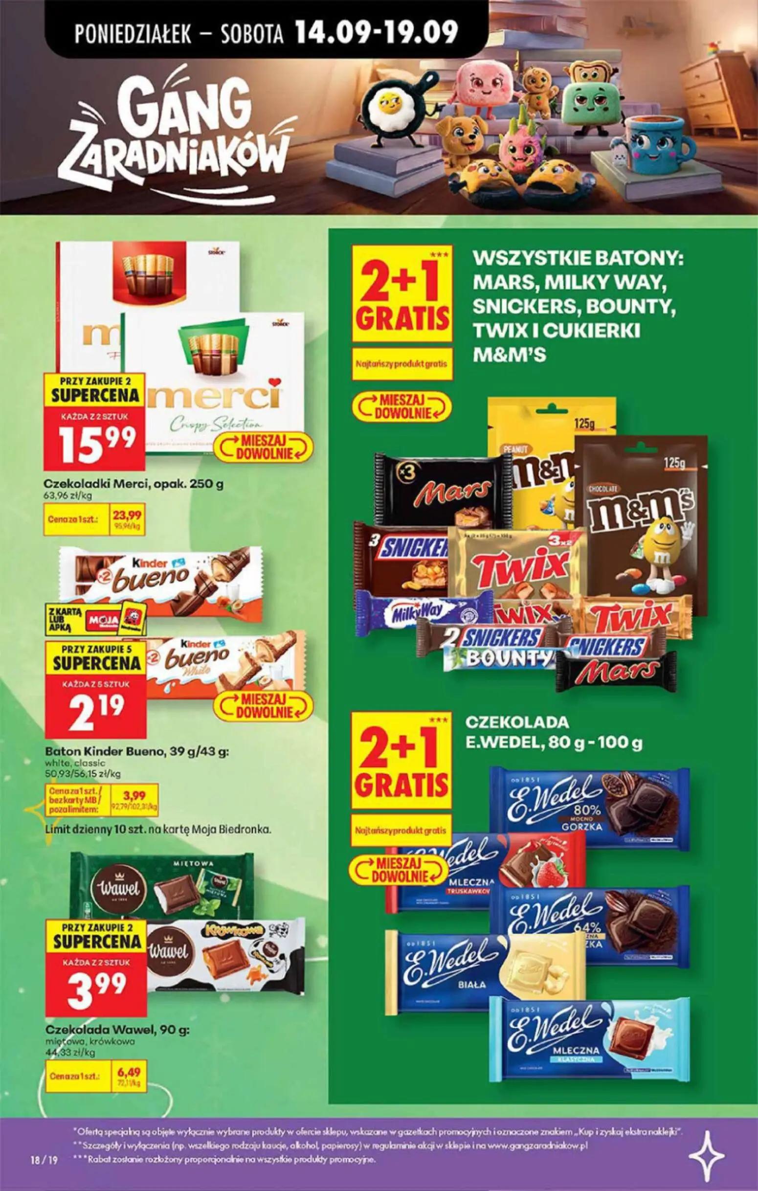 Biedronka gazetka, strona 4 z 16 — Czekoladki Merci, opak., Czekolada Wawel, miętowa, krówkowa, Baton Kinder Bueno, white, c…