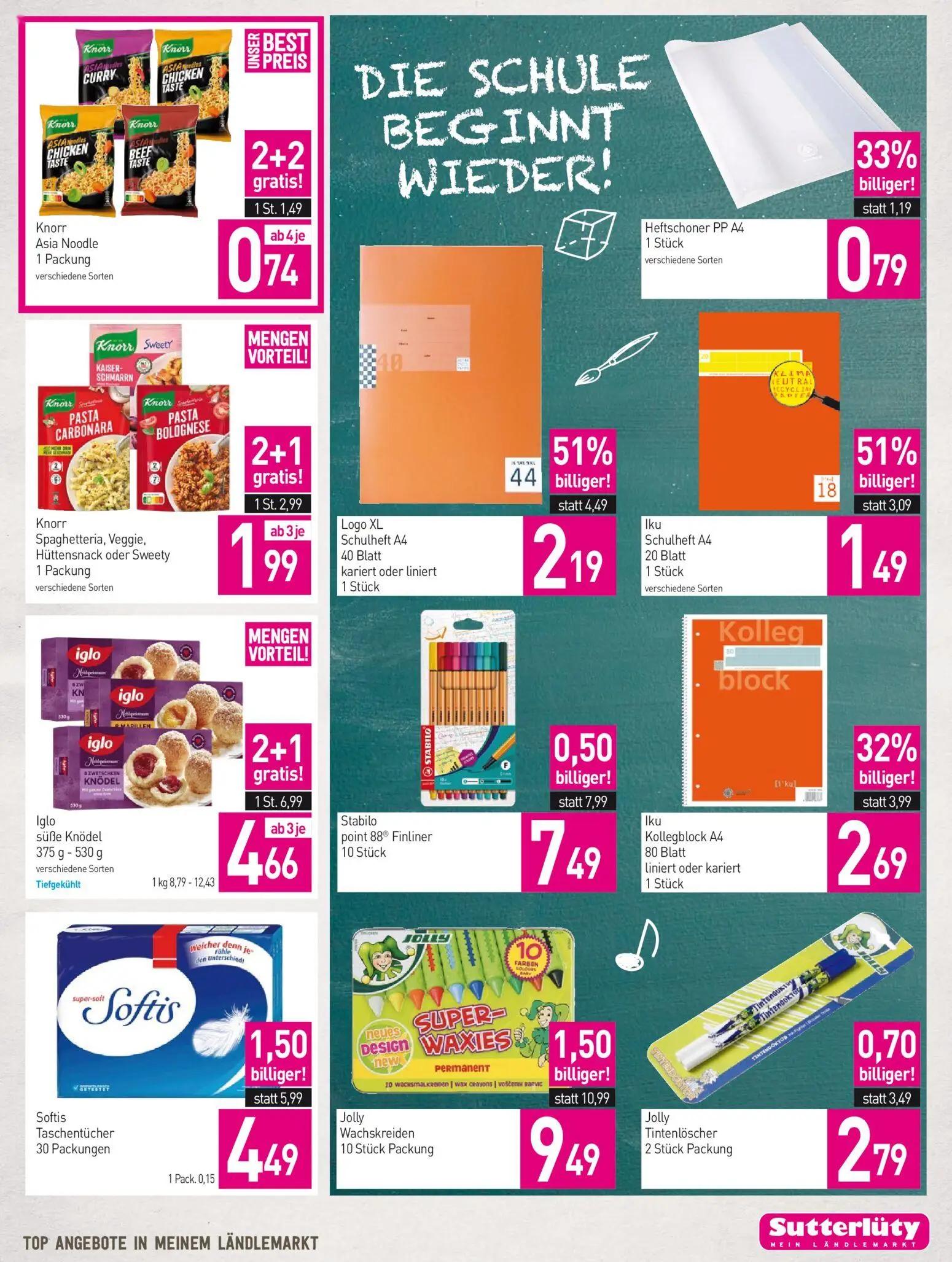 Sutterlüty Prospekt, Seite 7 von 8 — Iglo süße Knödel, Logo XL Schulheft A4, Iku Schulheft A4