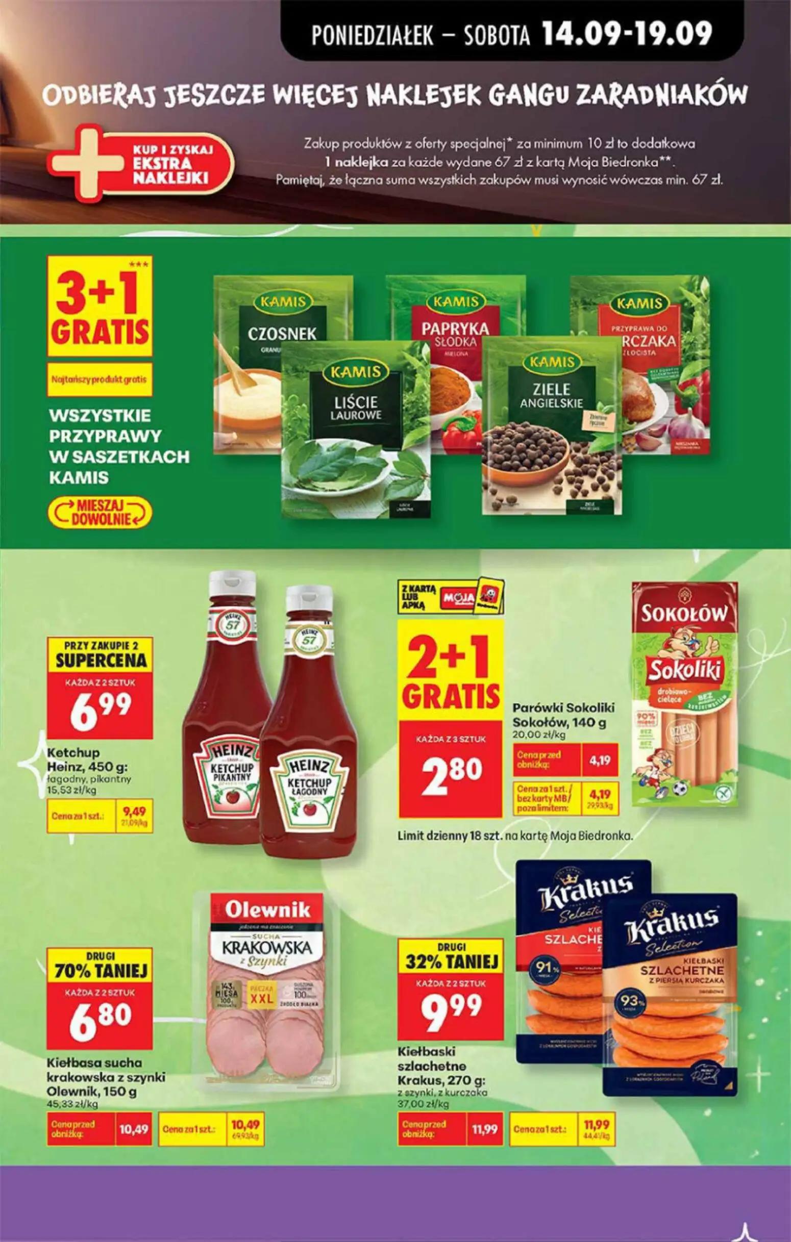 Biedronka gazetka, strona 7 z 16 — Kiełbasa sucha krakowska z szynki Olewnik, Ketchup Heinz, Kiełbaski szlachetne Krakus
