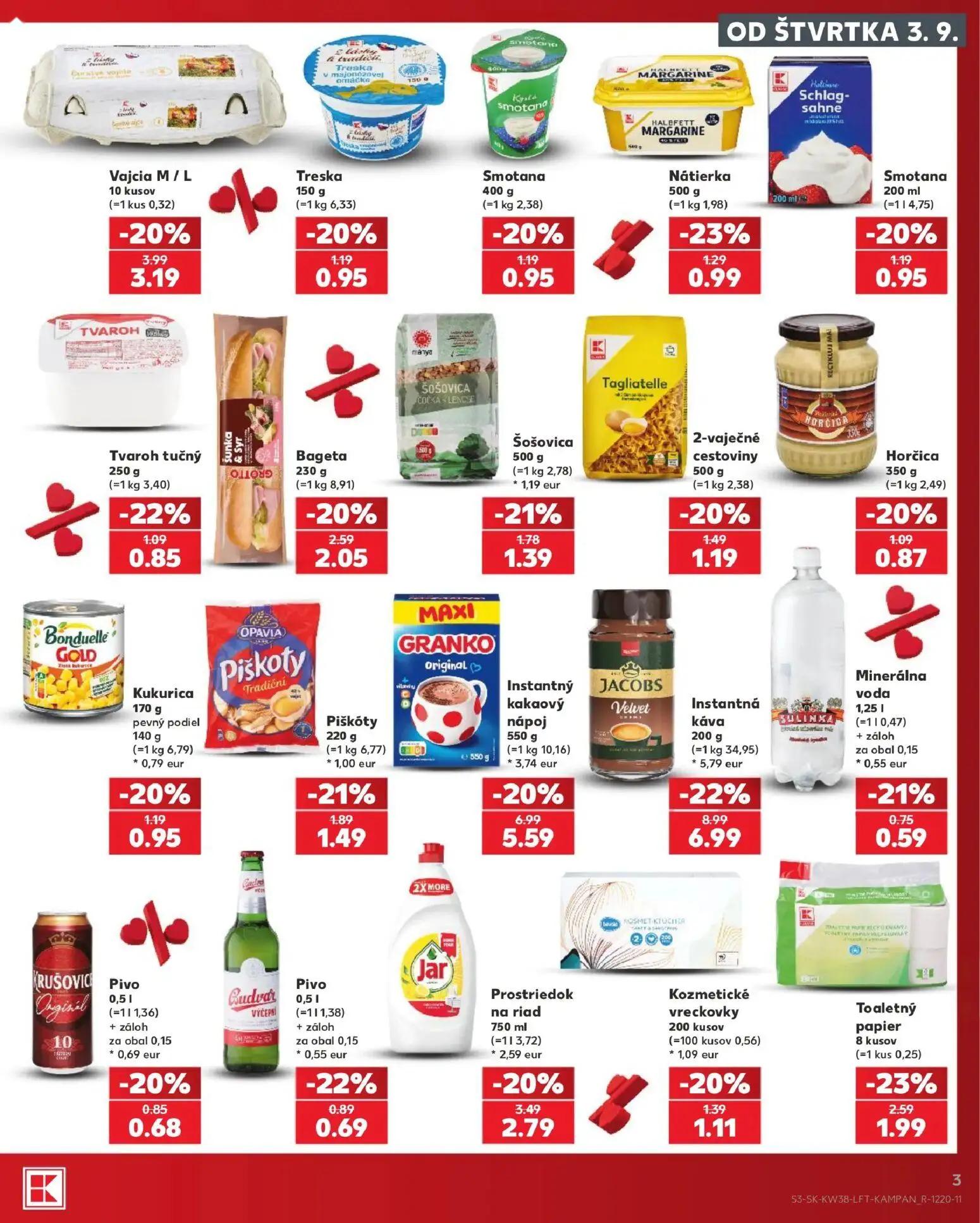 Kaufland leták, strana 3 z 84 — Instantná káva JACOBS Velvet, Instantný kakaový nápoj GRANKO Original, Vajcia M / L