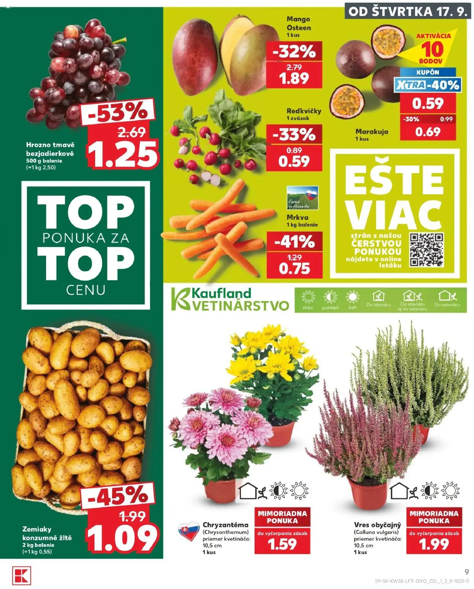 Kaufland leták, strana 9 z 84 — Hrozno tmavé bezjadierkové, Mango Osteen, Zemiaky konzumné žlté