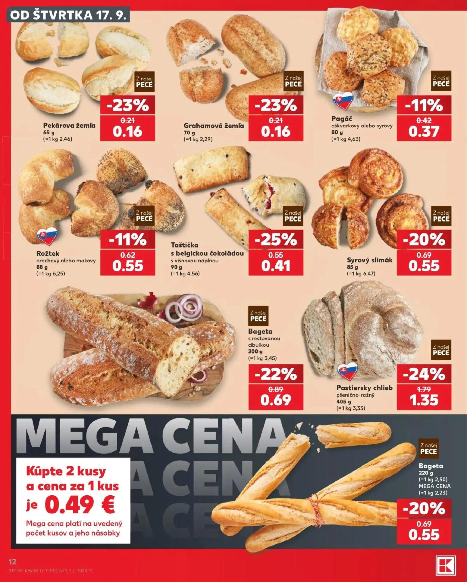 Kaufland leták, strana 12 z 84 — Pastiersky chlieb pšenično-ražný, Bageta s restovanou cibuľkou, Taštička s belgickou čokolá…