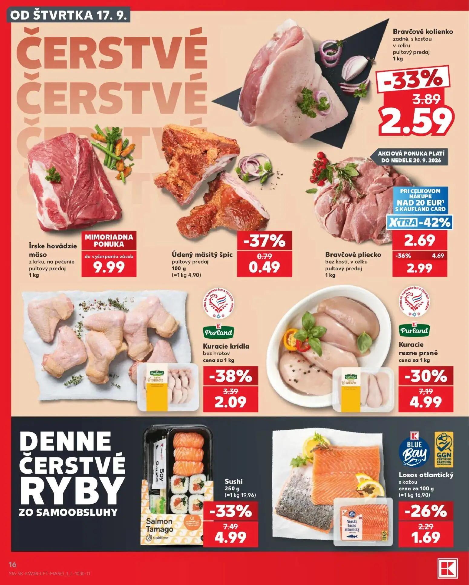 Kaufland leták, strana 16 z 84 — Sushi Salmon Tamago, Purland Kuracie rezne prsné, Bravčové pliecko bez kosti, v celku