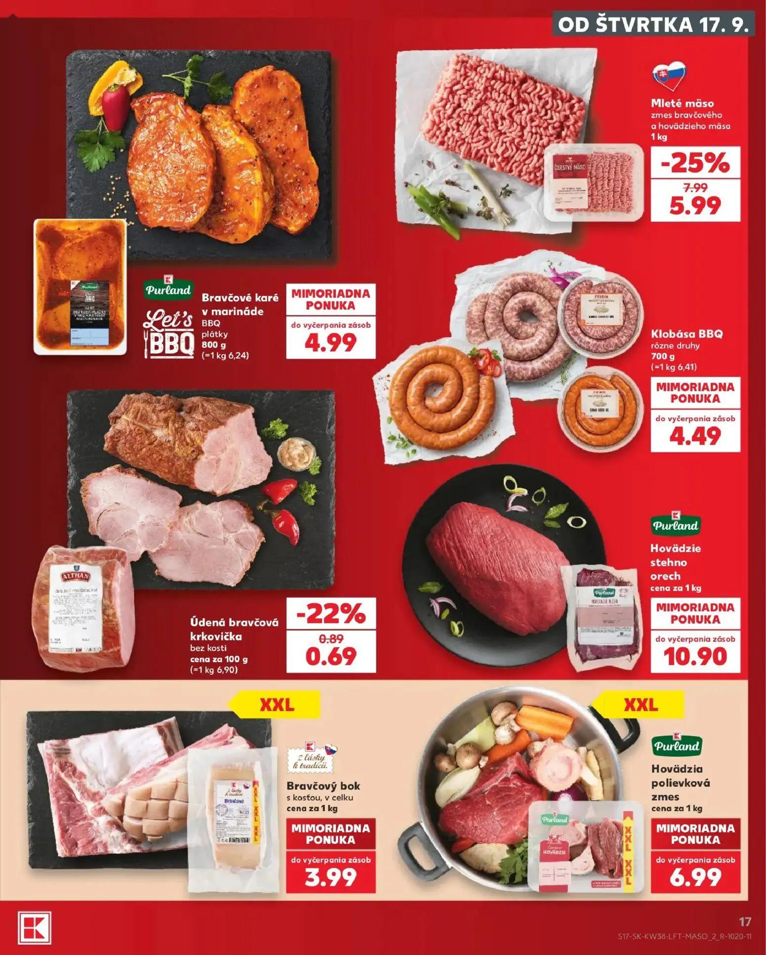 Kaufland leták, strana 17 z 84 — Mleté mäso zmes bravčového a hovädzieho mäsa, Údená bravčová krkovička bez kosti, Bravčové …