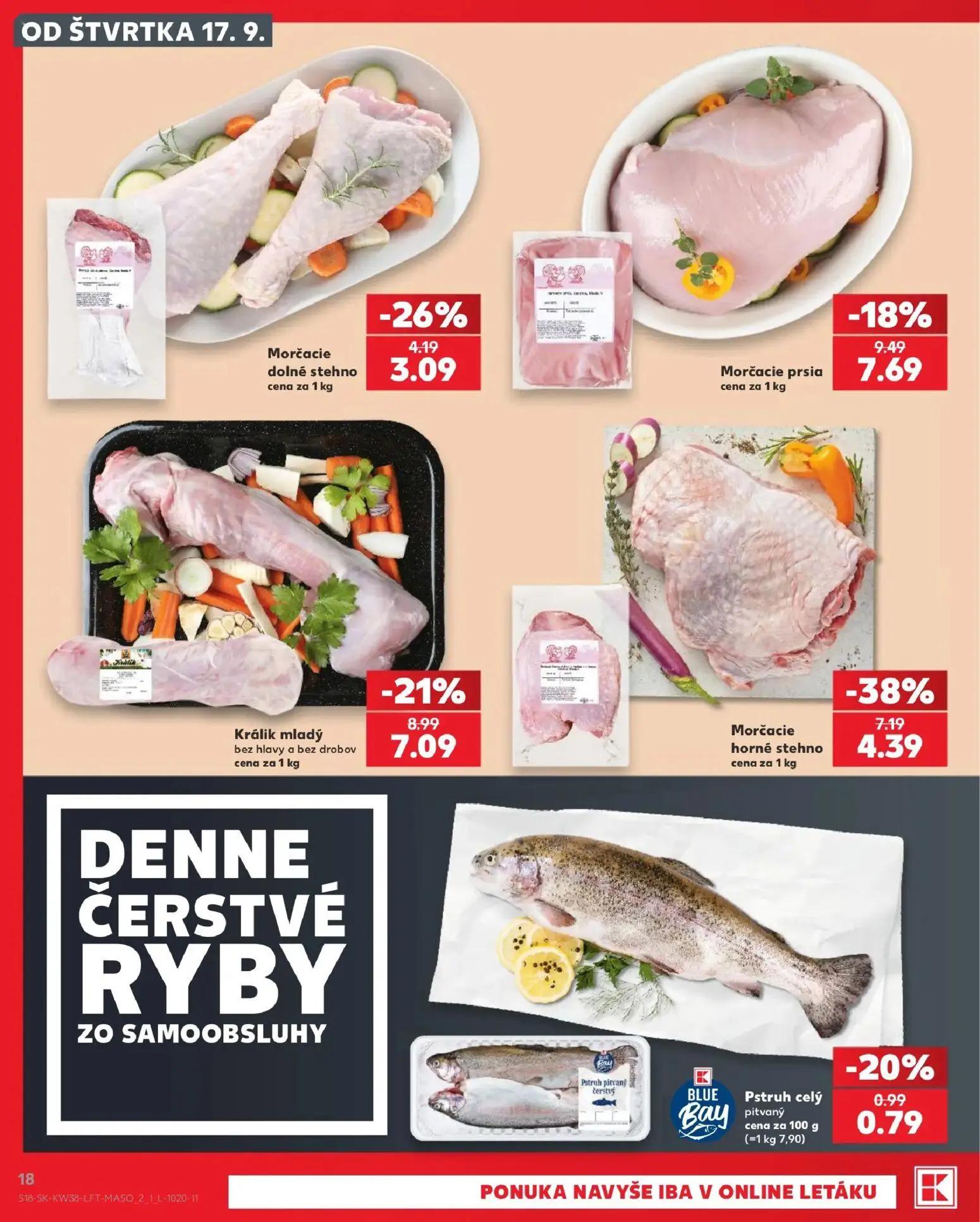 Kaufland leták, strana 18 z 84 — Morčacie horné stehno, Králik mladý bez hlavy a bez drobov, Morčacie prsia