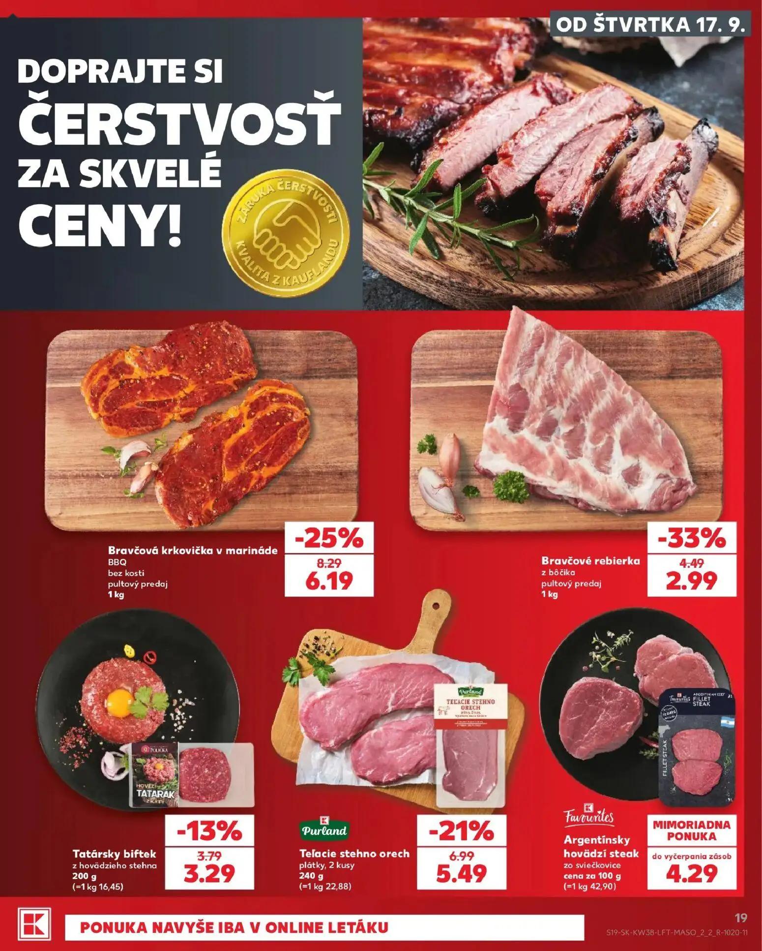 Kaufland leták, strana 19 z 84 — Bravčová krkovička v marináde BBQ bez kosti pultový predaj, Bravčové rebierka z bôčika pult…