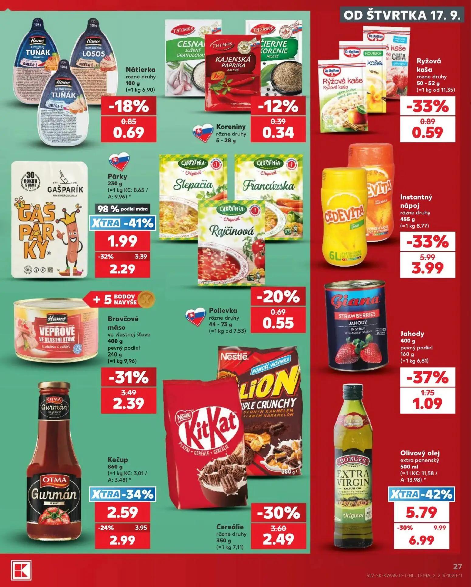 Kaufland leták, strana 27 z 84 — Olivový olej extra panenský, Instantný nápoj, Párky GAŠPARÍK