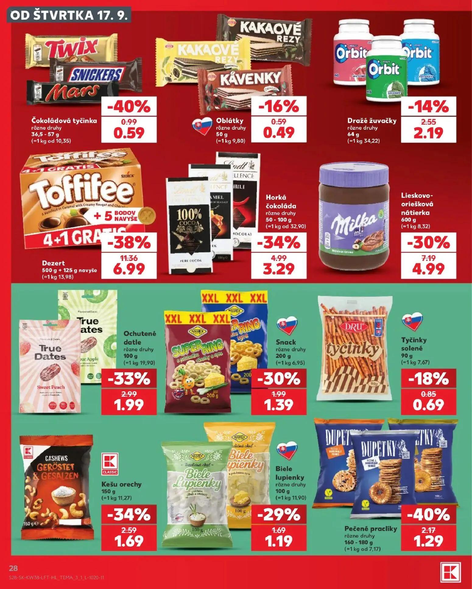 Kaufland leták, strana 28 z 84 — Dezert Toffifee, Lieskovo-oriešková nátierka Milka, Horká čokoláda