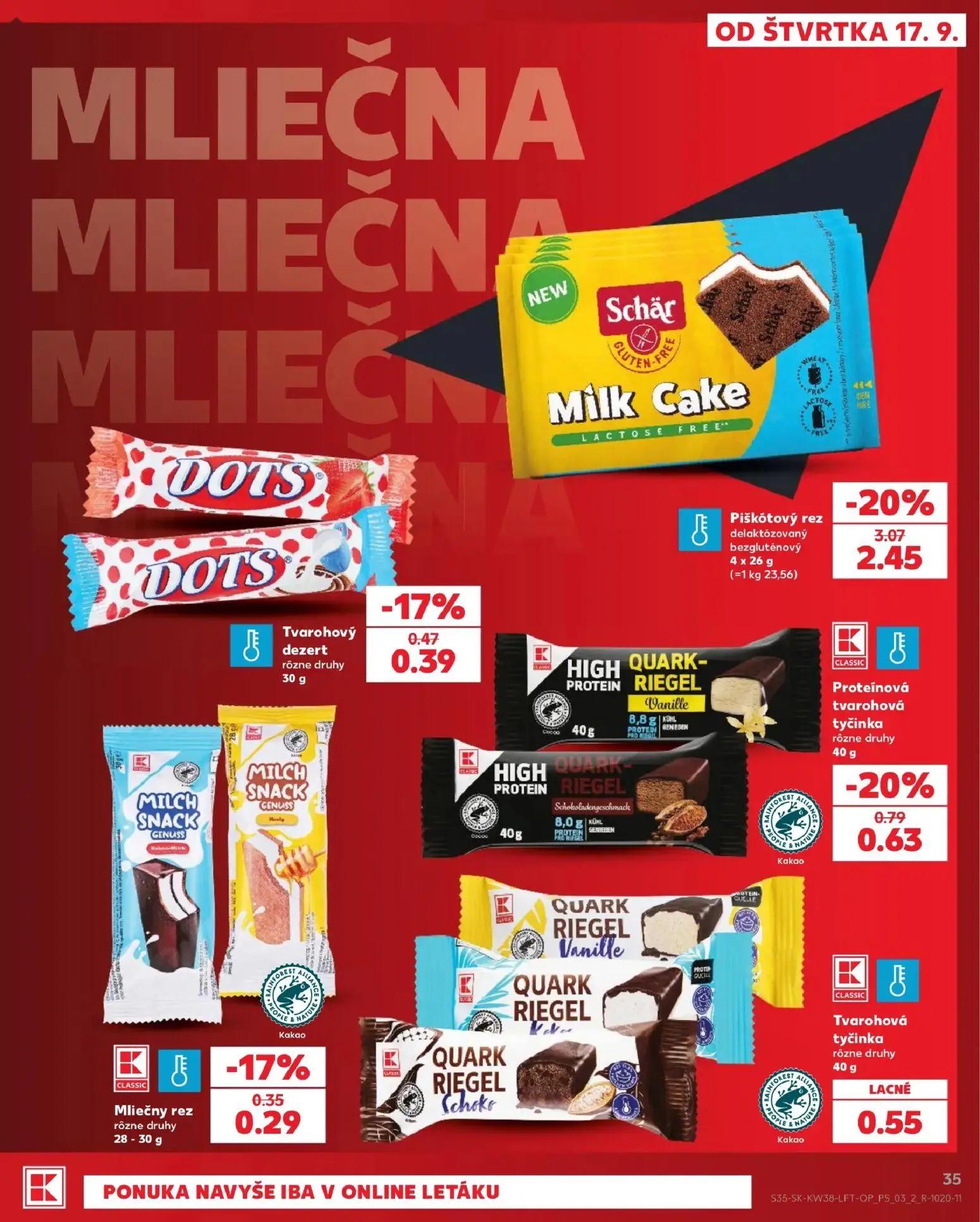 Kaufland leták, strana 35 z 84 — Piškótový rez delaktózovaný bezgluténový, Proteínová tvarohová tyčinka rôzne druhy, Tvaroho…