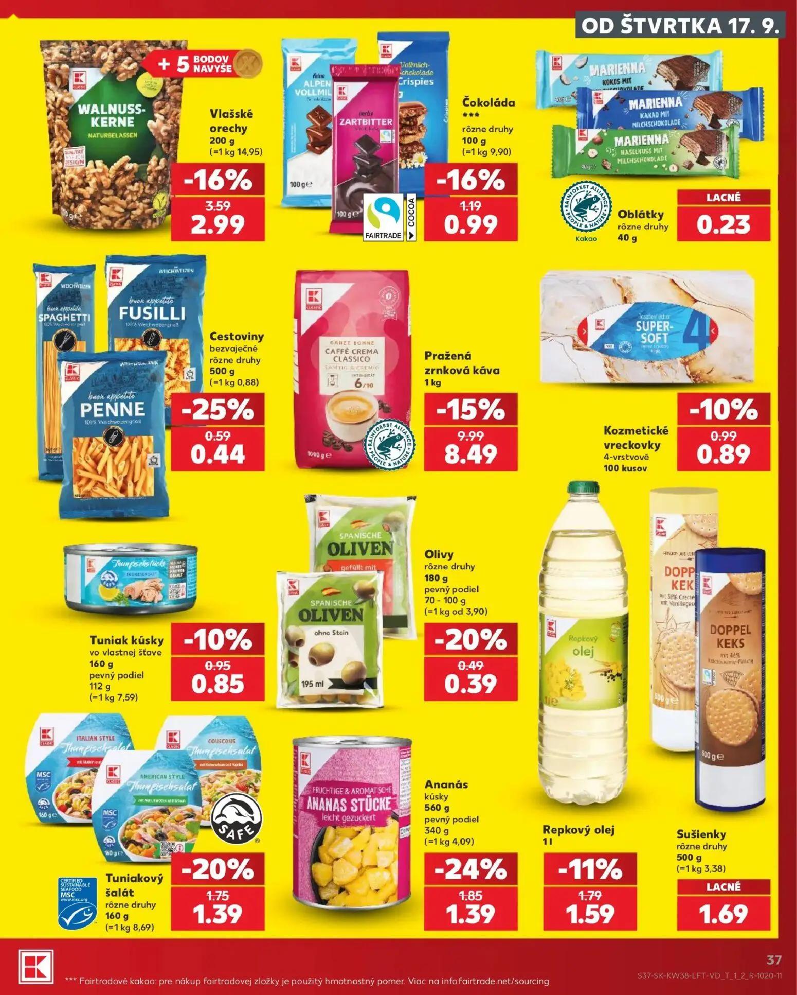 Kaufland leták, strana 37 z 84 — Pražená zrnková káva, Vlašské orechy, Ananás kúsky
