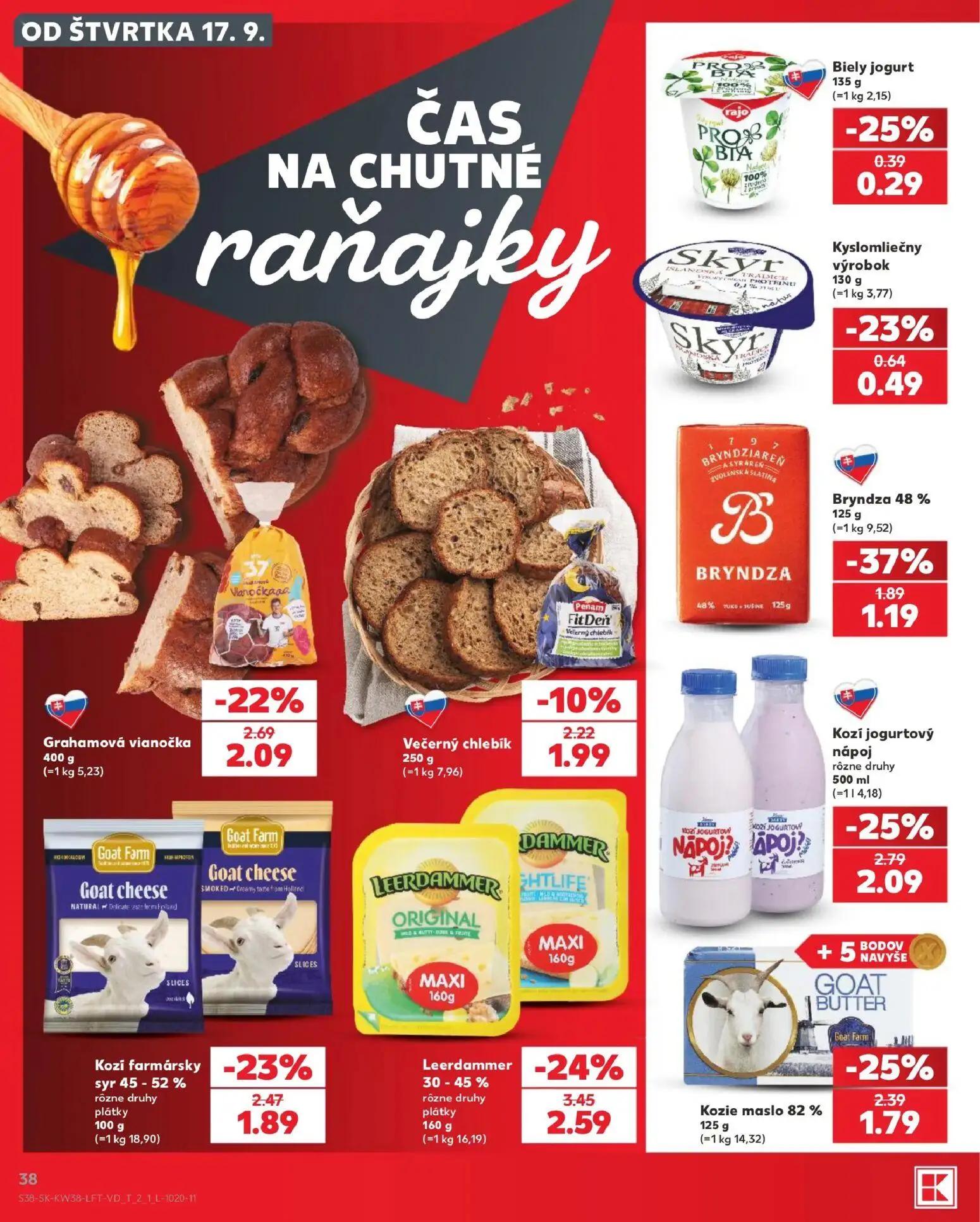 Kaufland leták, strana 38 z 84 — Leerdammer 30 - 45%, Bryndza 48%, Kozí jogurtový nápoj