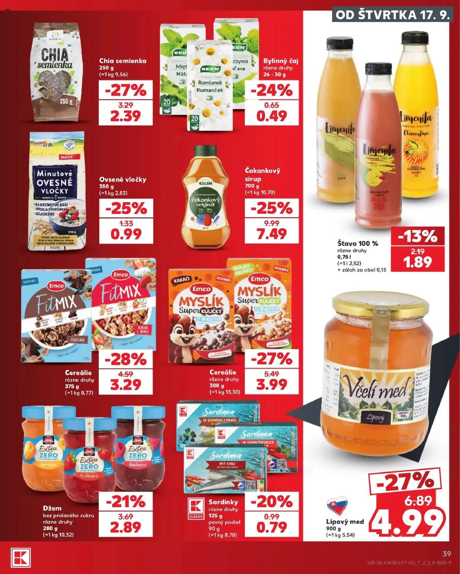 Kaufland leták, strana 39 z 84 — Čakankový sirup, Lipový med, Cereálie rôzne druhy
