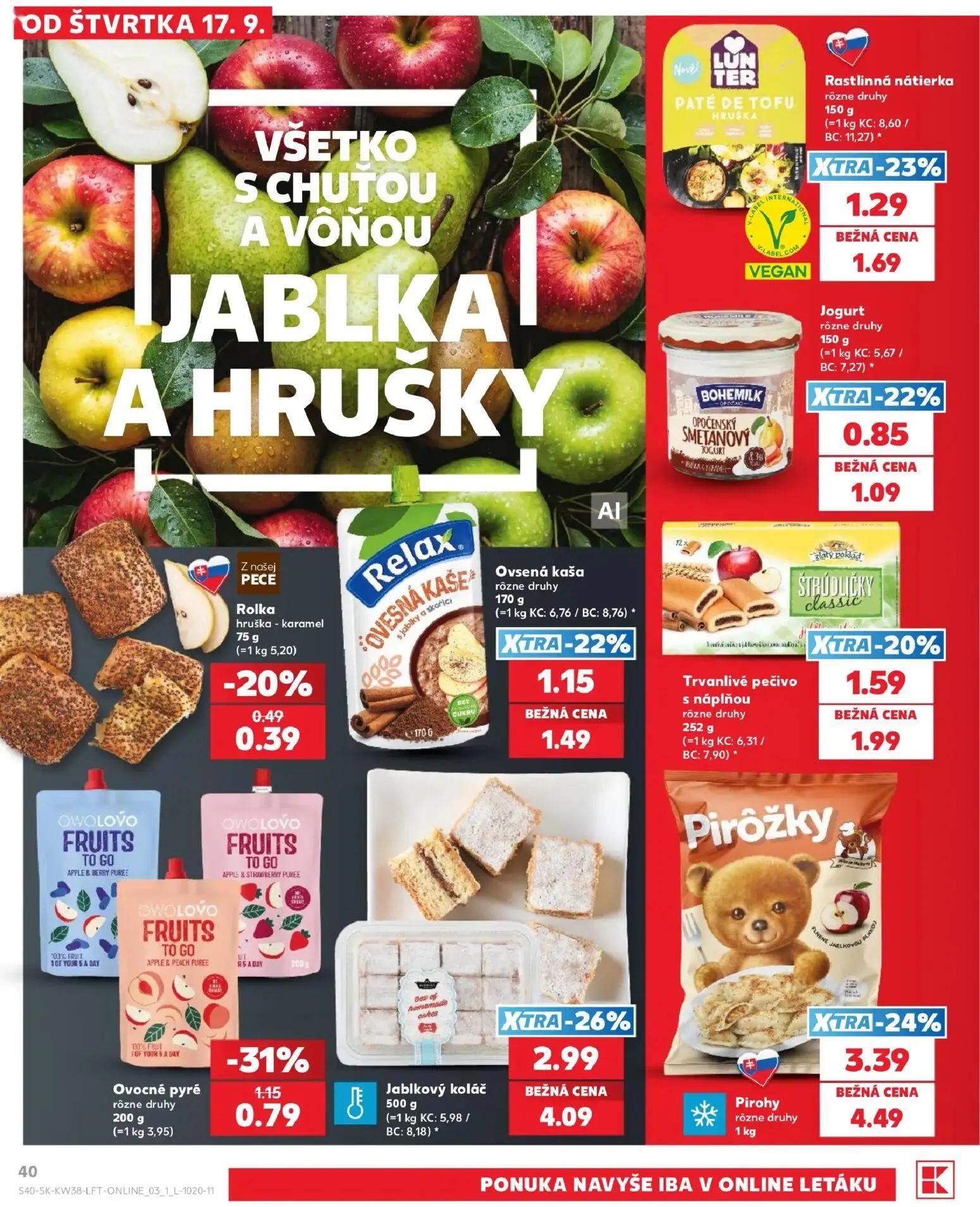 Kaufland leták, strana 40 z 84 — Jablkový koláč, Pirohy rôzne druhy, Rastlinná nátierka rôzne druhy