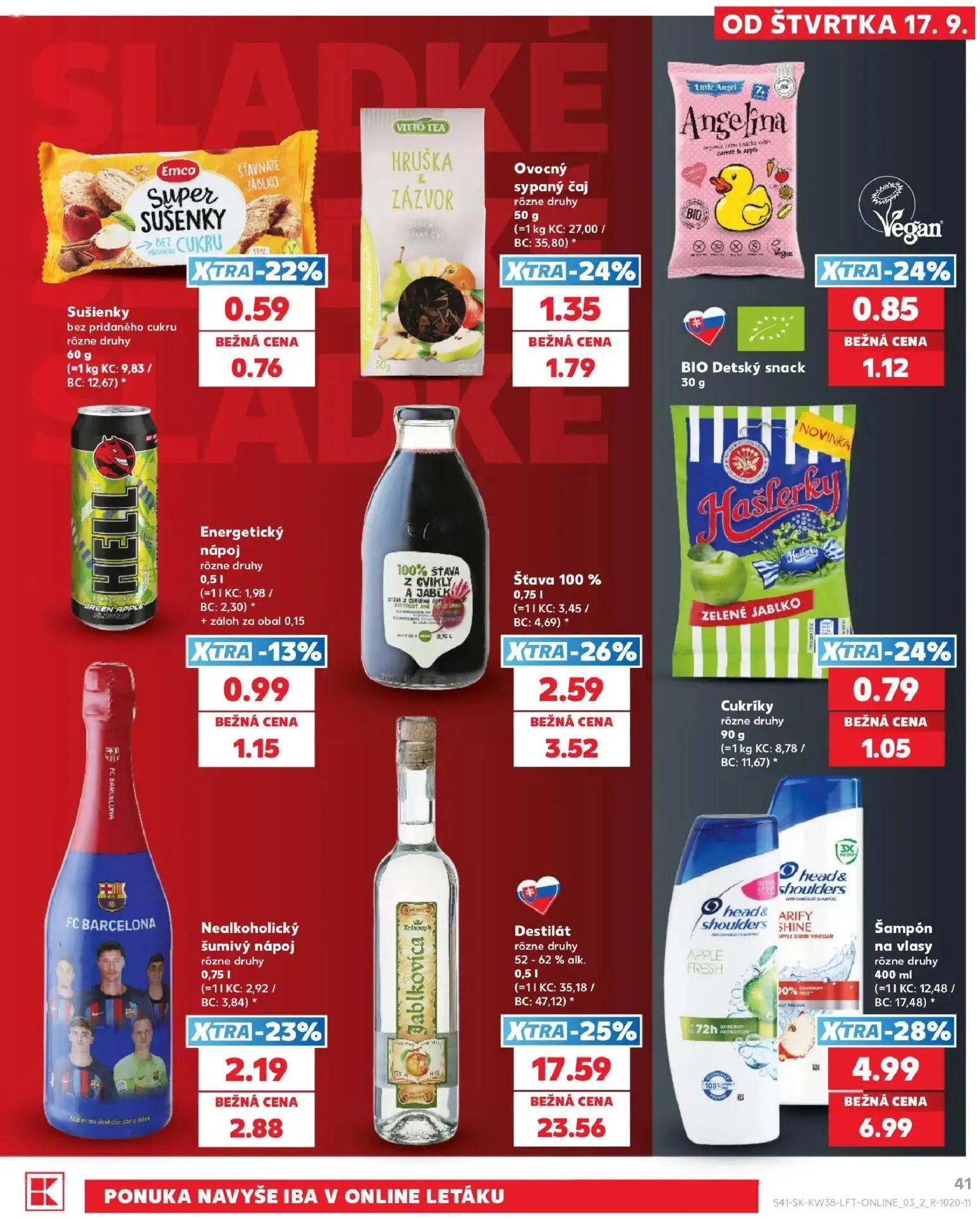 Kaufland leták, strana 41 z 84 — Destilát, Šampón na vlasy, Šťava 100 %