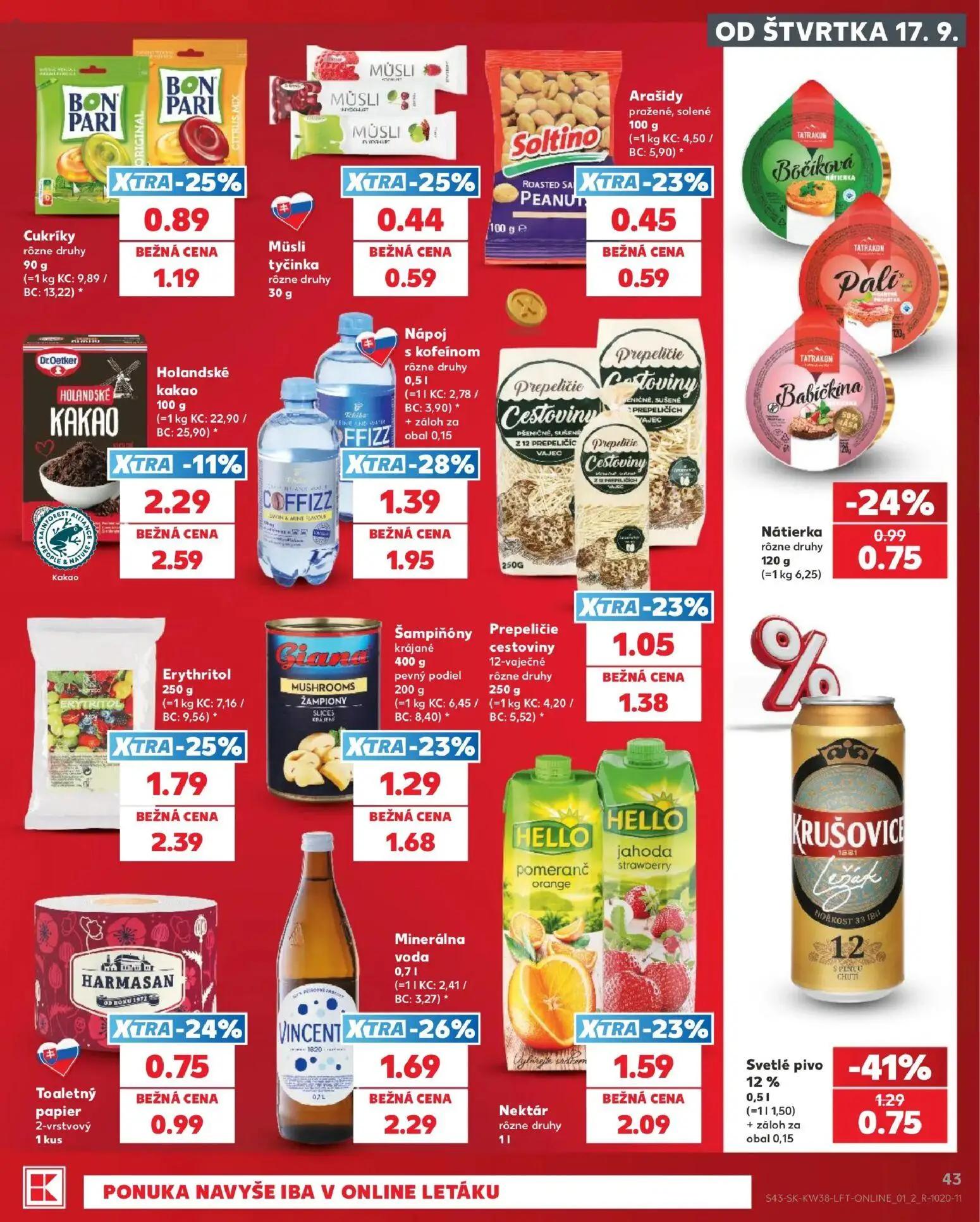 Kaufland leták, strana 43 z 84 — Erythritol, Minerálna voda, Nápoj s kofeínom