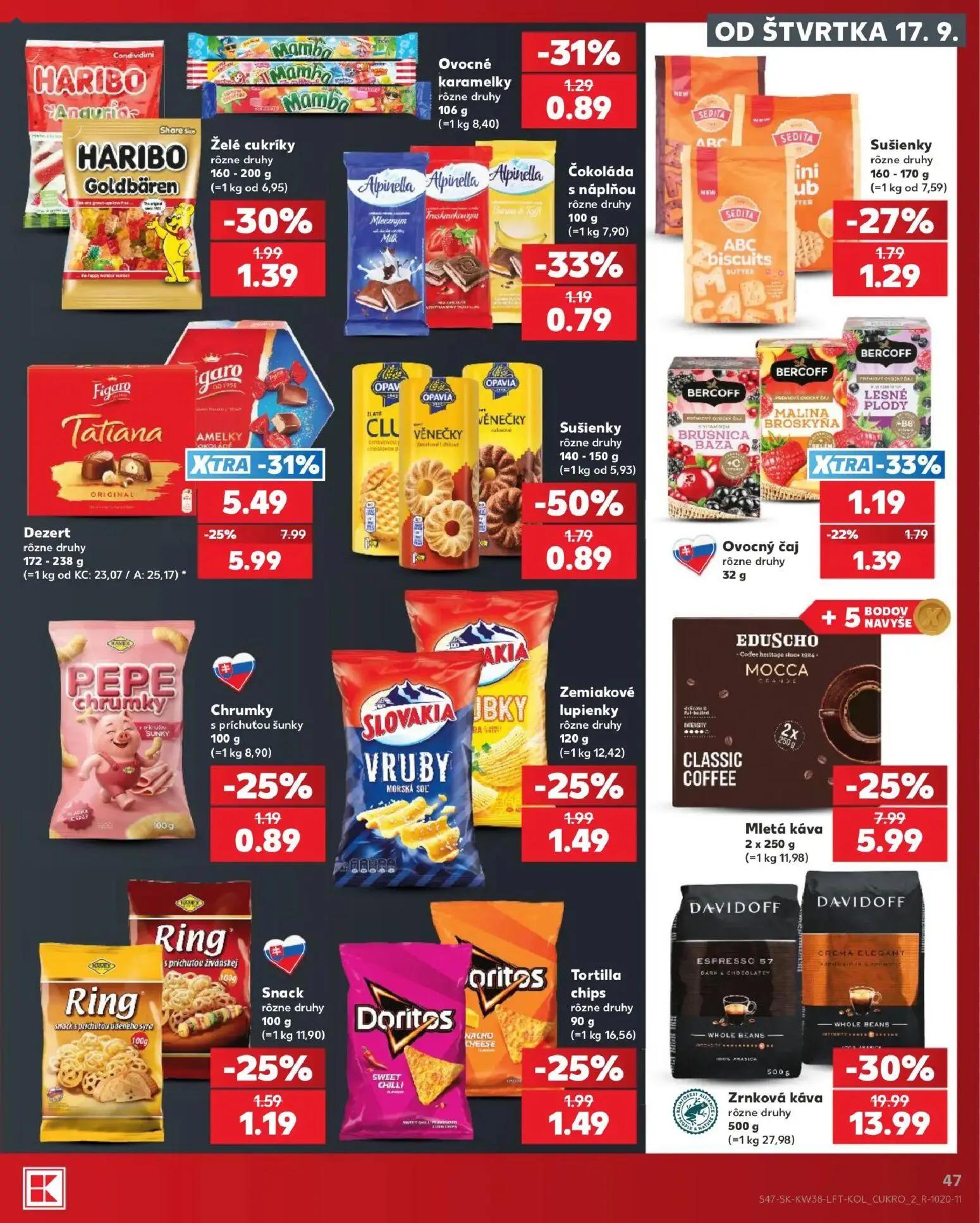 Kaufland leták, strana 47 z 84 — Zrnková káva rôzne druhy, Dezert rôzne druhy, Mletá káva