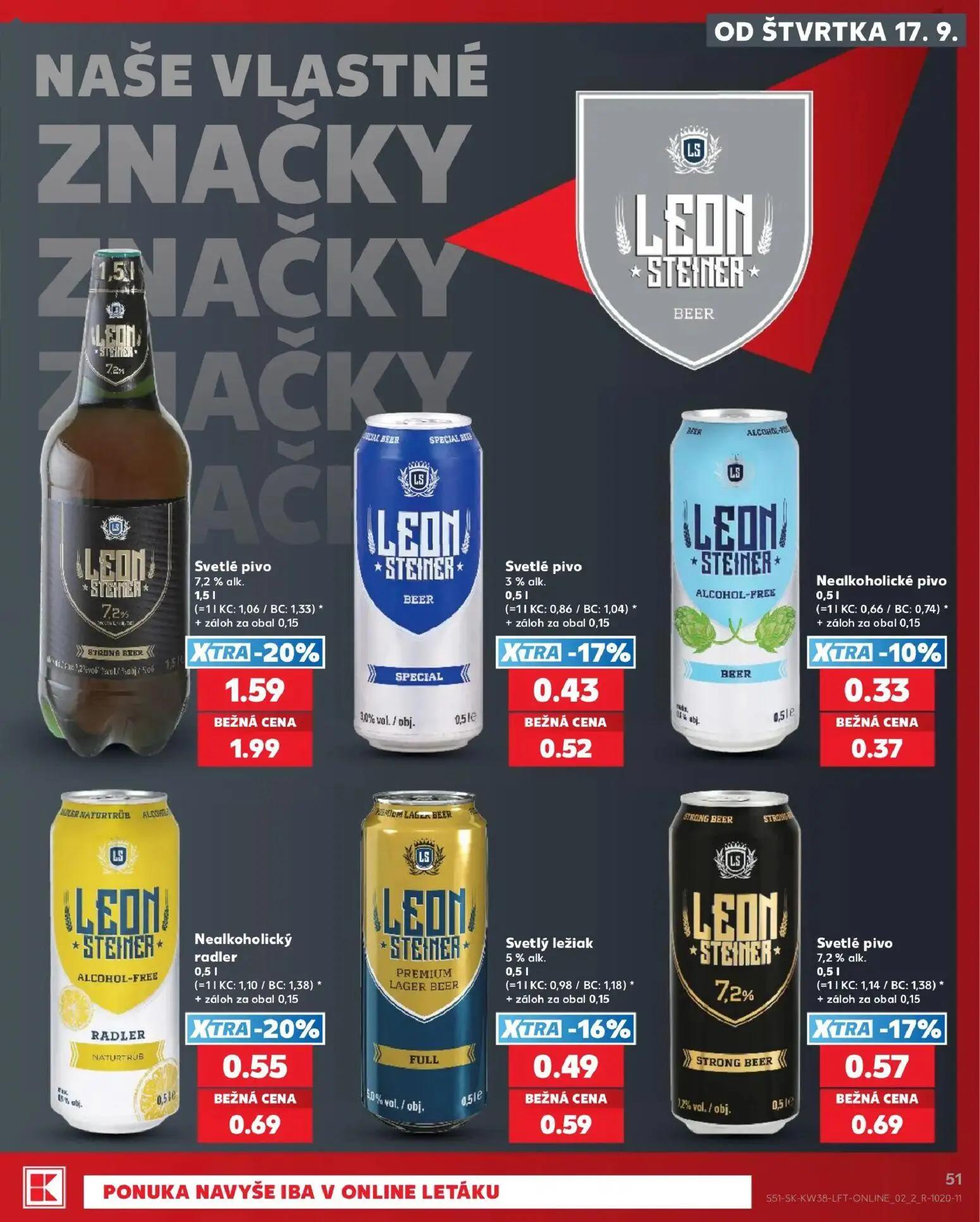 Kaufland leták, strana 51 z 84 — Svetlé pivo, Nealkoholický radler, Svetlé pivo