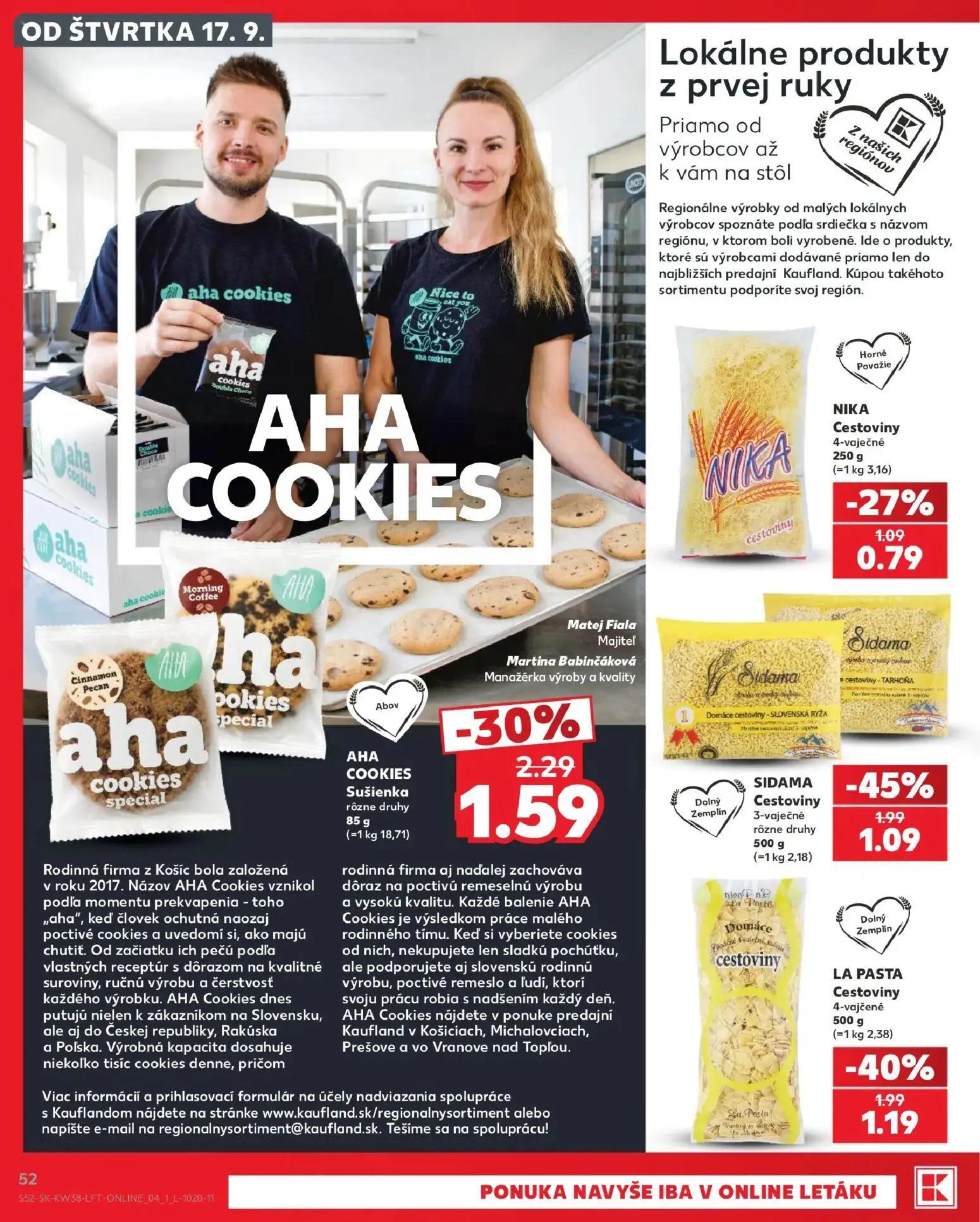 Kaufland leták, strana 52 z 84 — SIDAMA Cestoviny 3-vaječné rôzne druhy, LA PASTA Cestoviny 4-vajčené, AHA COOKIES Sušienka …