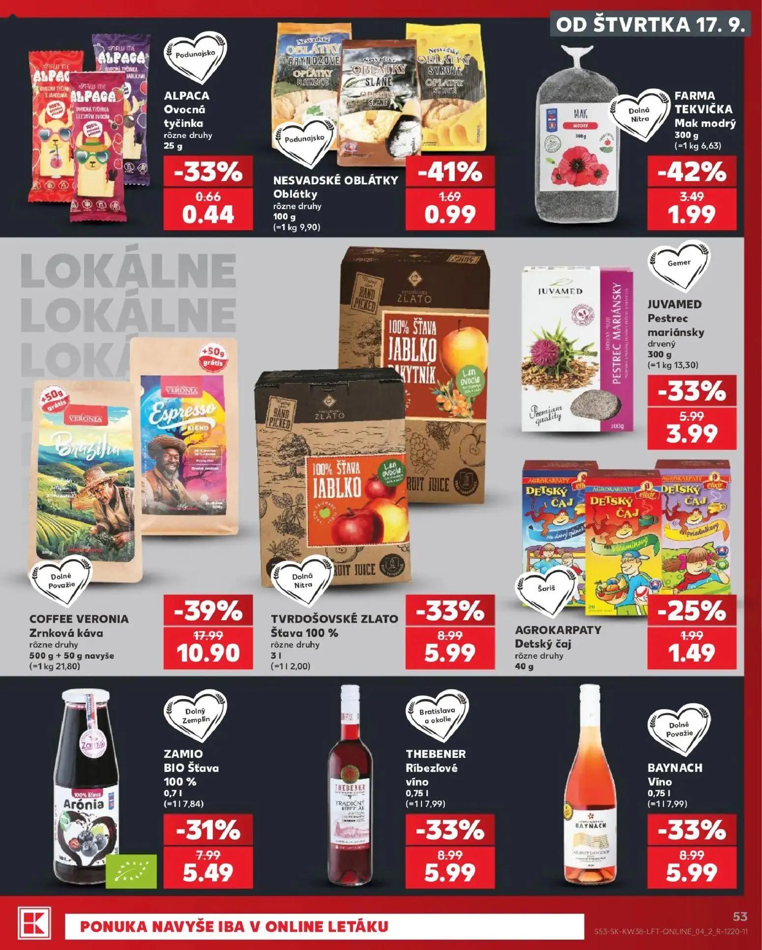 Kaufland leták, strana 53 z 84 — COFFEE VERONIA Zrnková káva, TVRDOŠOVSKÉ ZLATO Šťava 100%, THEBENER Ríbezľové víno