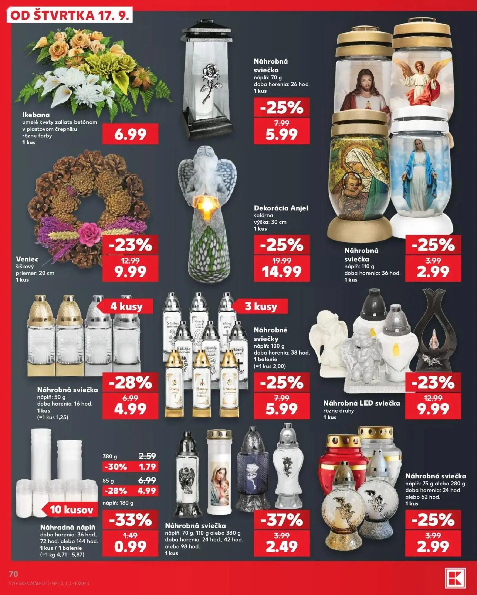 Kaufland leták, strana 70 z 84 — Dekorácia Anjel, Veniec, Náhrobná LED sviečka