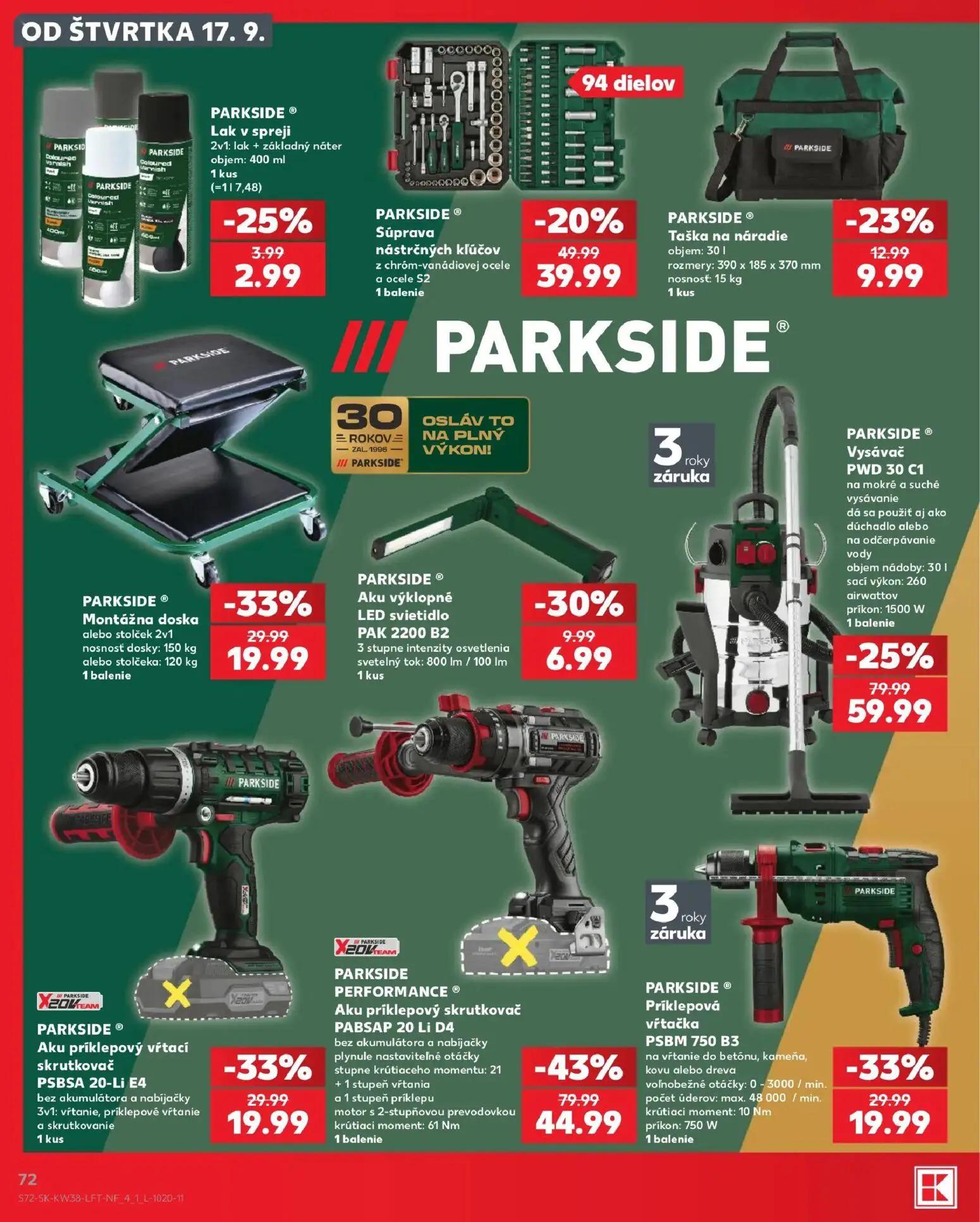 Kaufland leták, strana 72 z 84 — PARKSIDE PERFORMANCE ® Aku príklepový skrutkovač PABSAP 20 Li D4, PARKSIDE® Vysávač PWD 30 …
