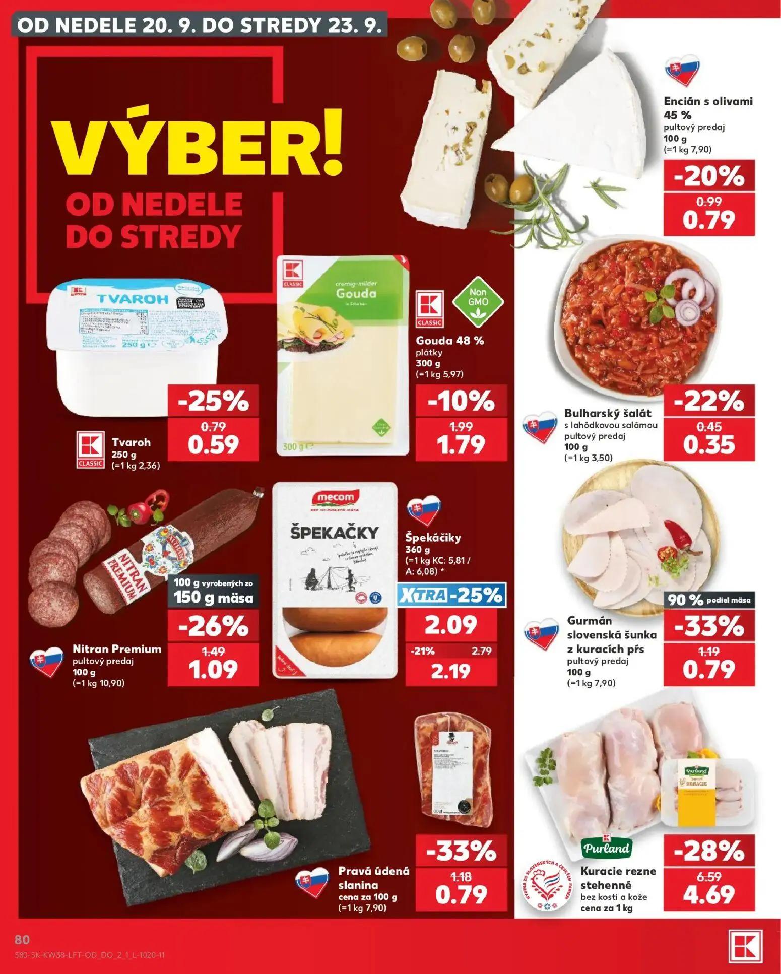 Kaufland leták, strana 80 z 84 — Kuracie rezne stehenné bez kosti a kože, Špekáčiky, Nitran Premium